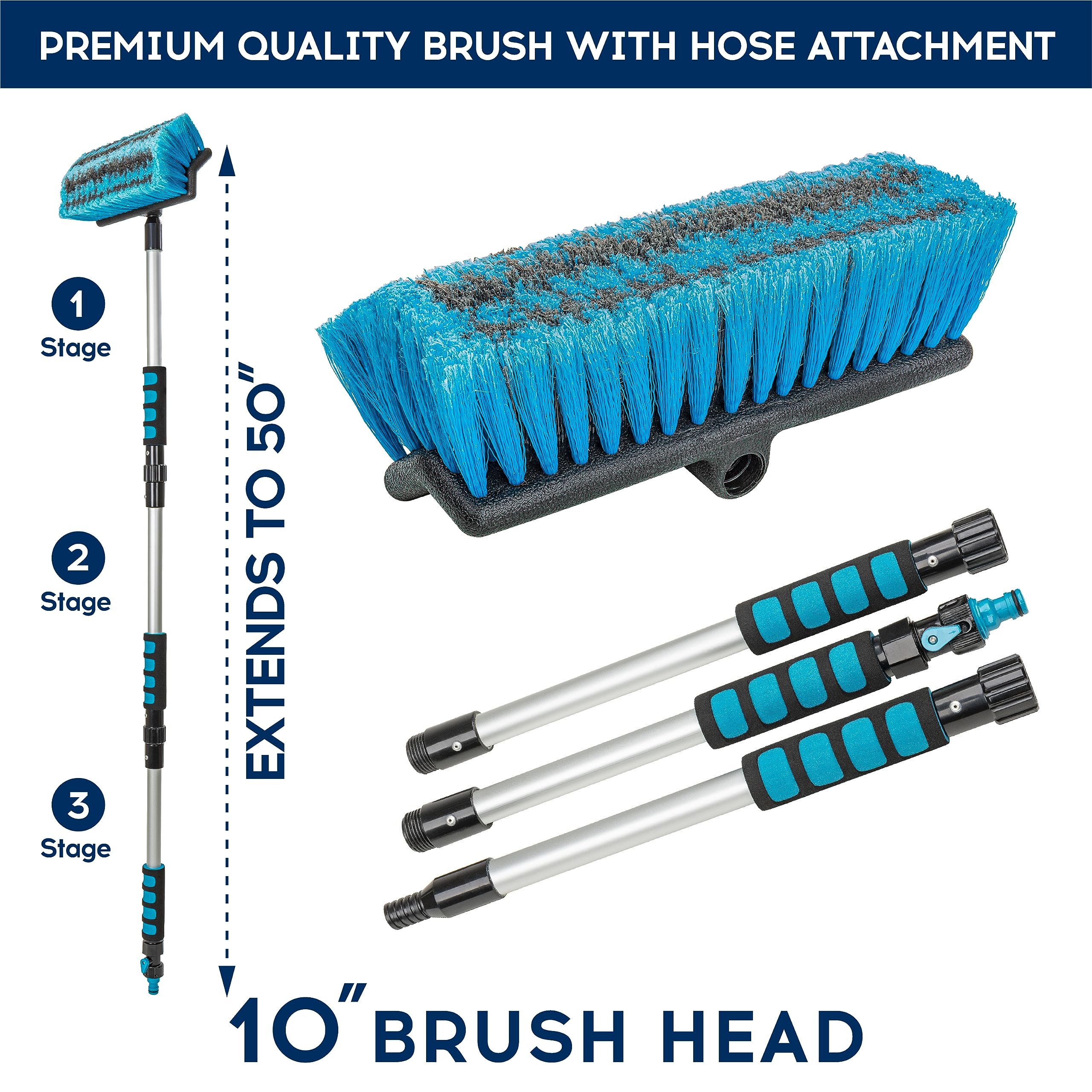 DSV Standard Car Wash Brush with 50'' Long Handle, Car Cleaning Brush with Hose Attachment, Car Brushes for Washing 10'' Soft Bristles for Scratch-Free Cleaning Auto, Truck, Boat, Floor and More