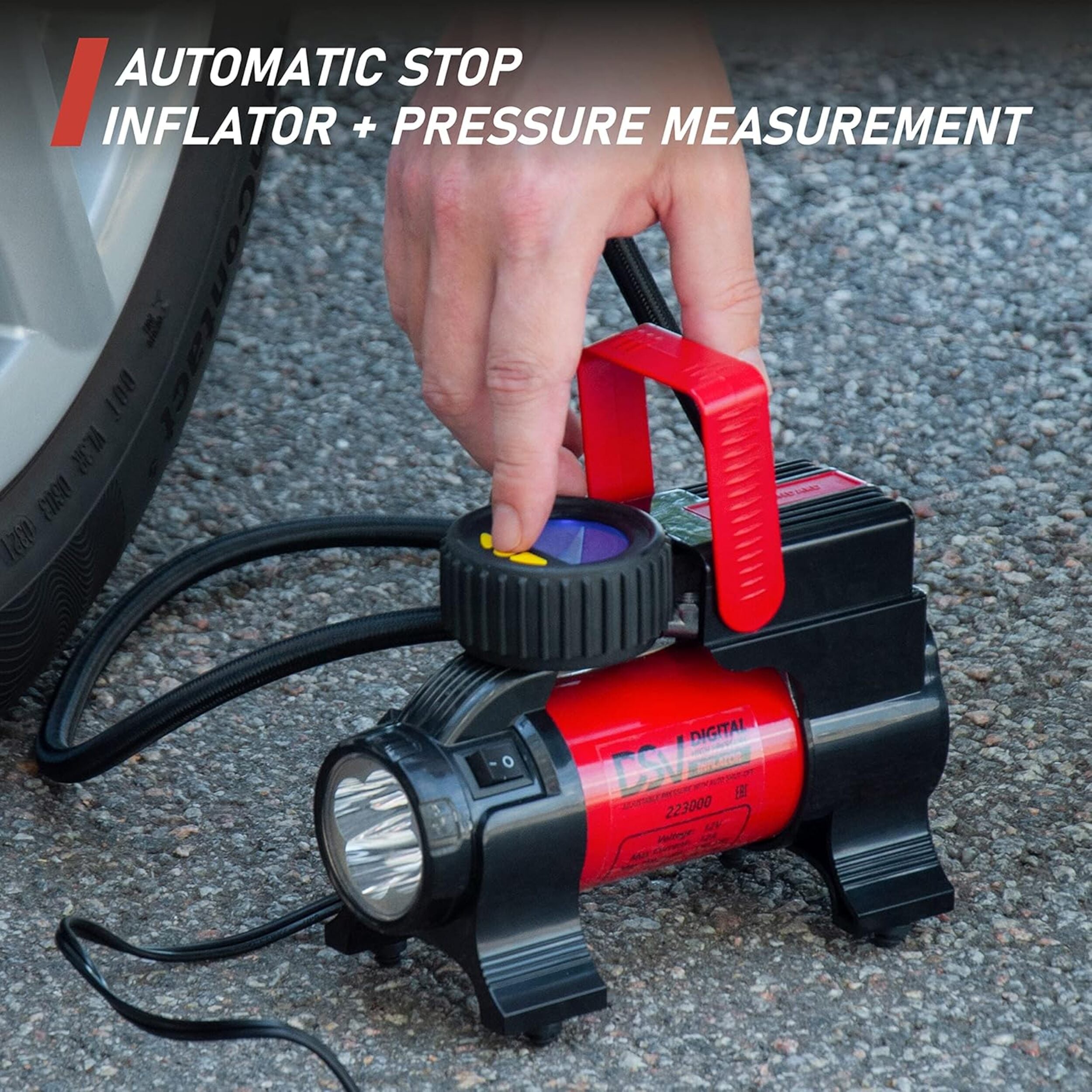 DSV Standard Air Compressor Tire Inflator 12V DC Portable 150PSI Tire Pump for Car Tires with Automatic Shut Off, Digital Pressure Gauge and Led Light. for Car, Bicycle, Inflatables