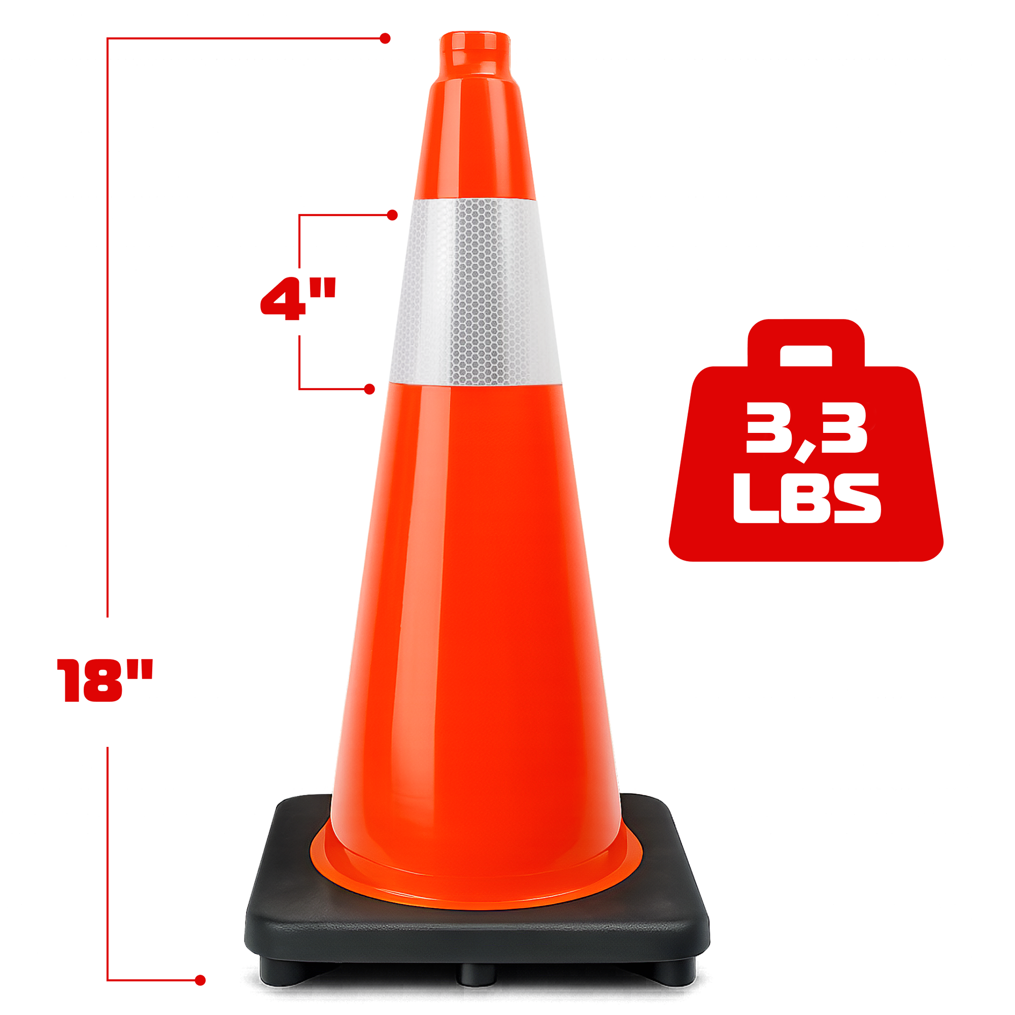 DSV Traffic Safety Cones 18’’ with Heavy Black Base and Reflective Collar - 1 PK, Orange, PVC