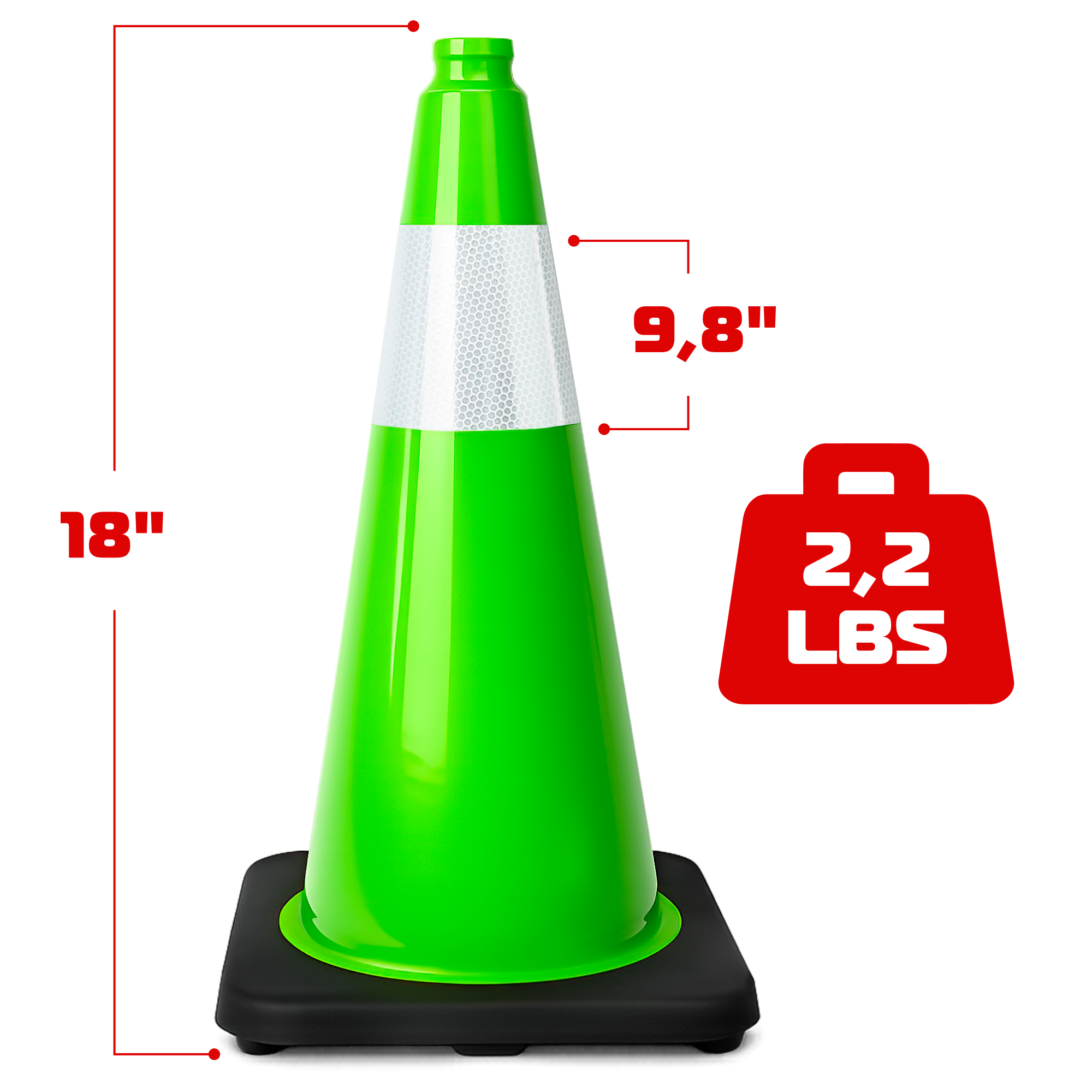 DSV Traffic Safety Cone 18’’ with Heavy Black Base and Reflective Collar - 1 PK, Green, PVC