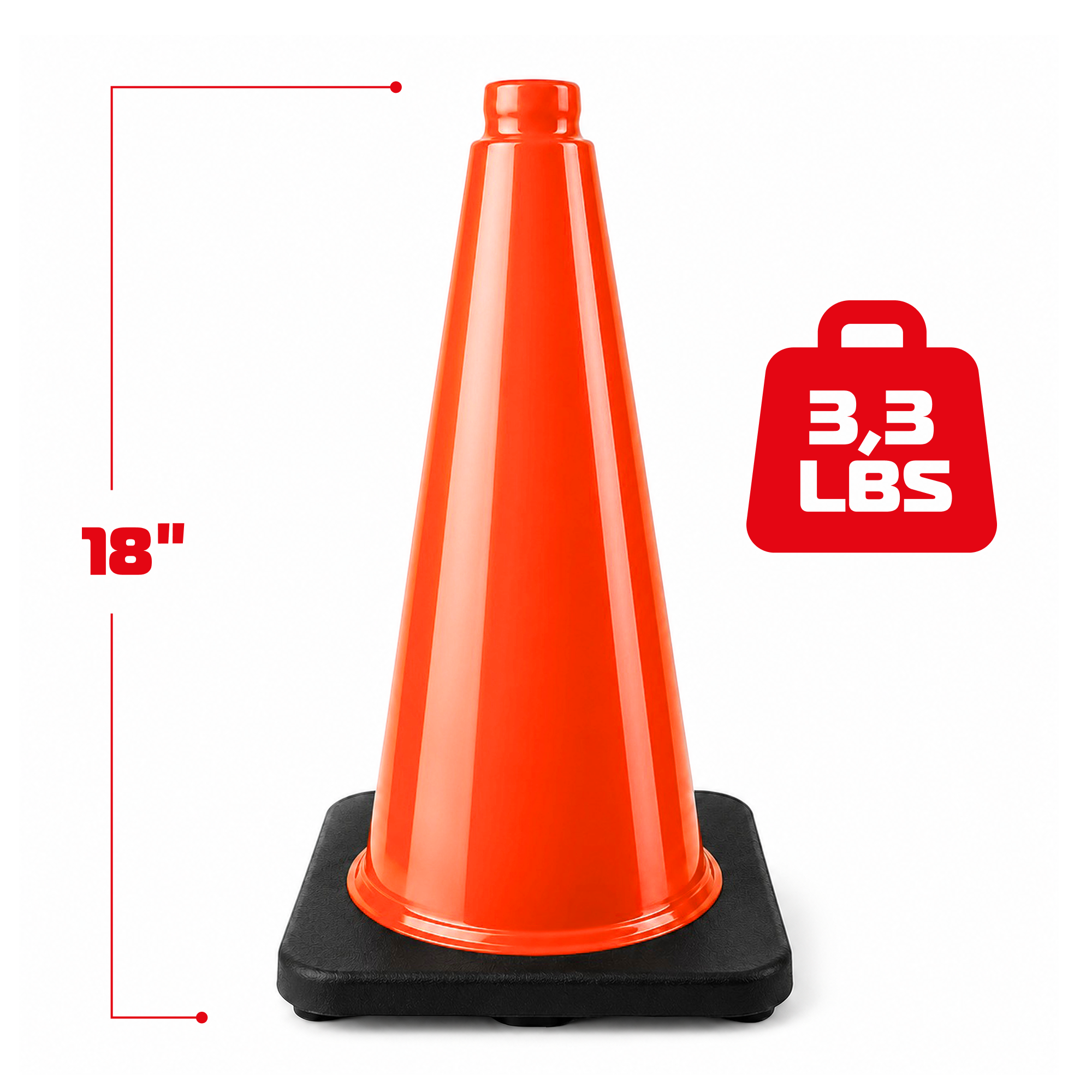 DSV Traffic Safety Cones 18’’ with Heavy Black Base - 1 PK, Orange, PVC