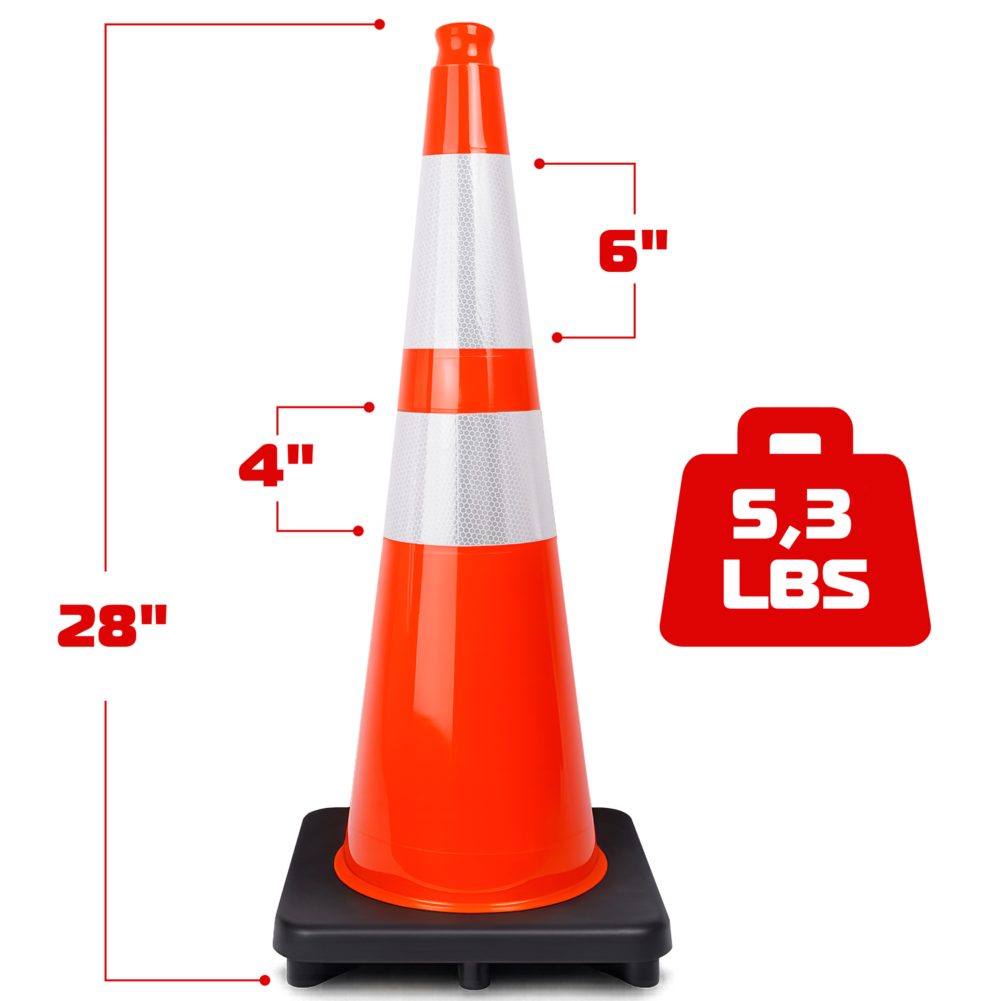 DSV Traffic Safety Cones 28’’ with Heavy Black Base and Reflective Collar - 1 PK, Orange, PVC