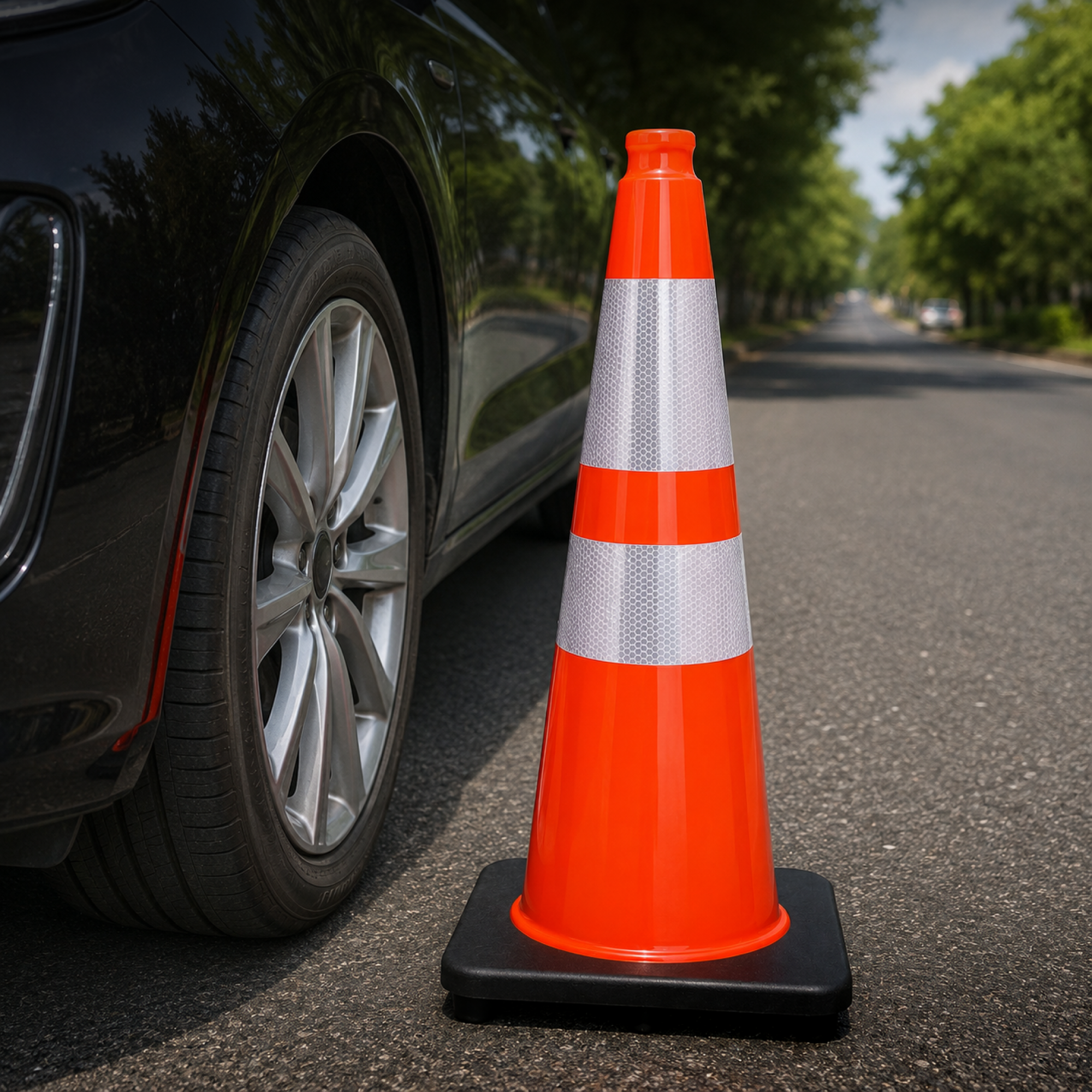 DSV Traffic Safety Cones 28’’ with Heavy Black Base and Reflective Collar - 1 PK, Orange, PVC