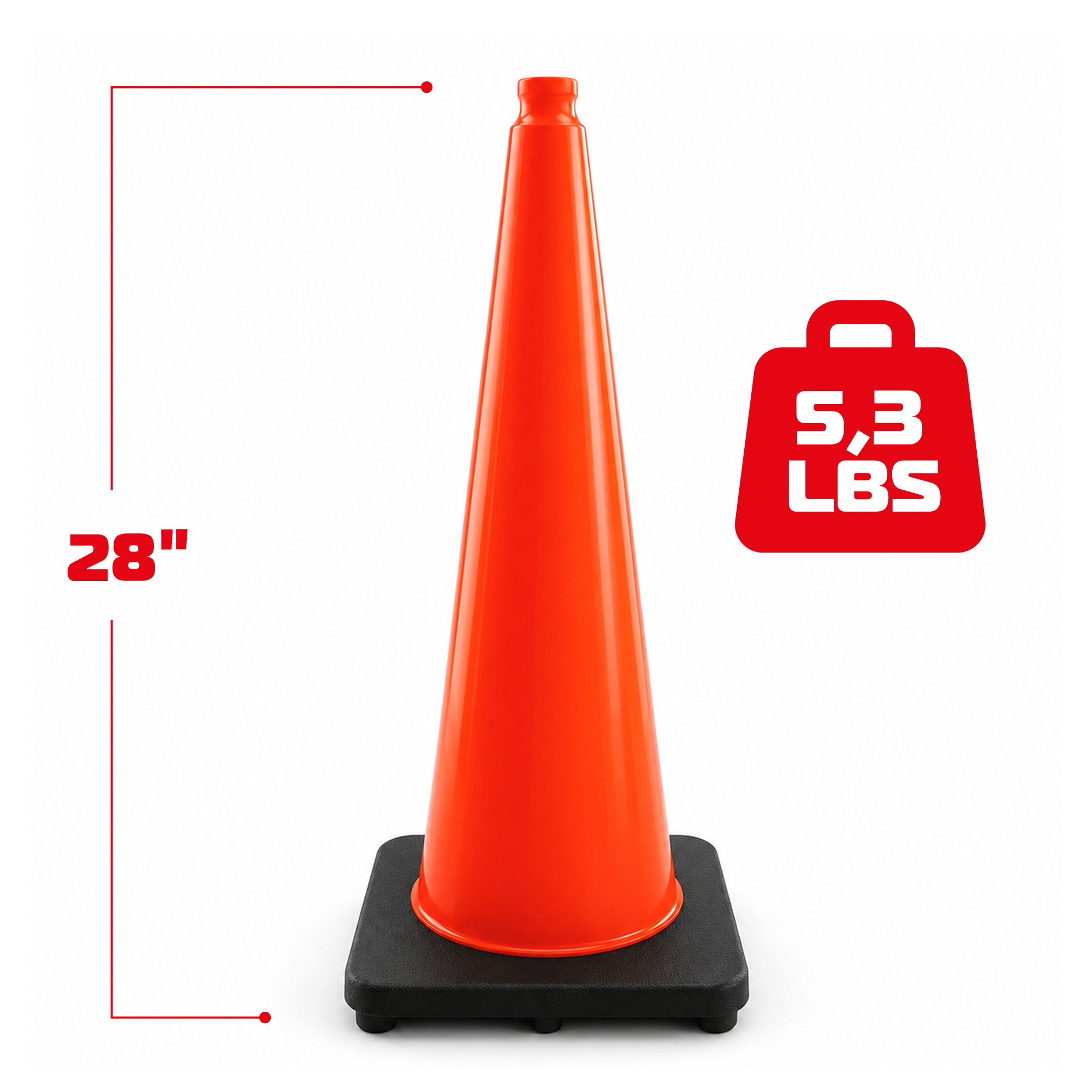 DSV Traffic Safety Cones 28’’ with Heavy Black Base - 1 PK, Orange, PVC