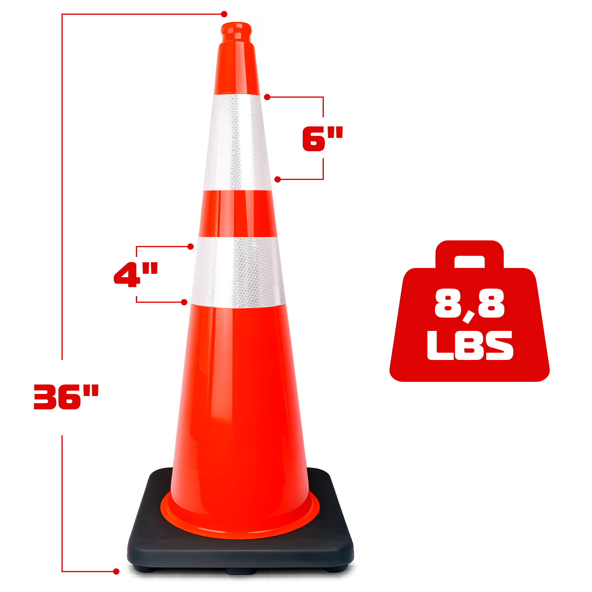 DSV Traffic Safety Cone 36’’ with Heavy Black Base and Reflective Collars - 1 PK, Orange, PVC