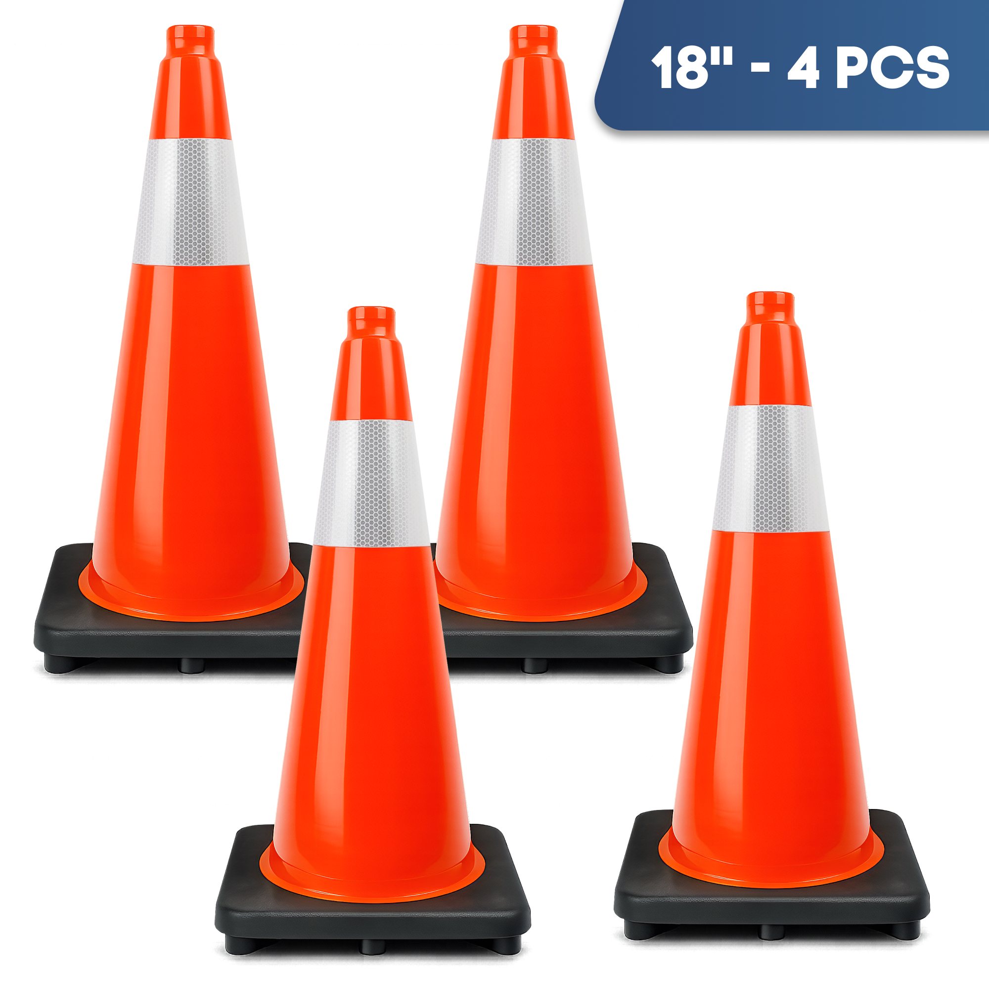 DSV Traffic Safety Cones 18’’ with Heavy Black Base and Reflective Collar - 4 PK, Orange, PVC