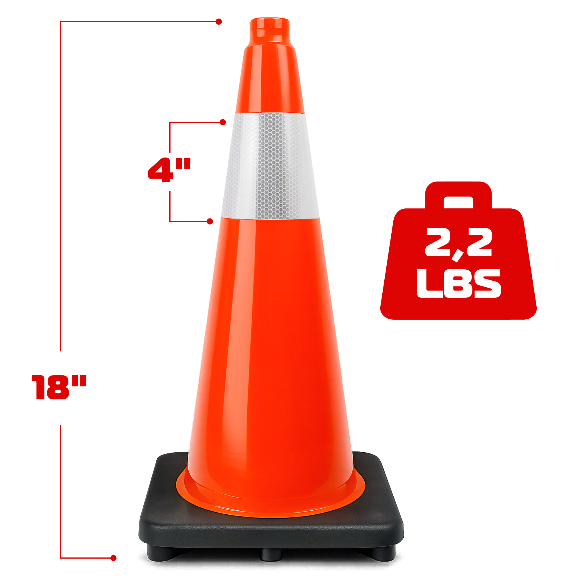 DSV Traffic Safety Cones 18’’ with Heavy Black Base and Reflective Collar - 4 PK, Orange, PVC