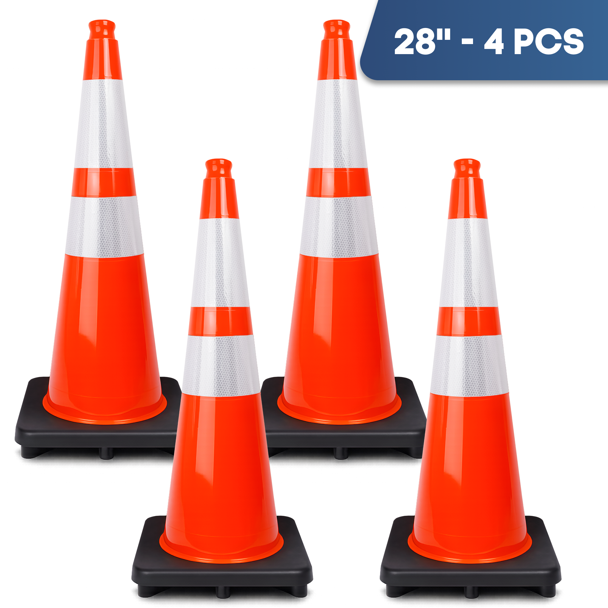 DSV Traffic Safety Cones 28’’ with Heavy Black Base and Reflective Collar - 4 PK, Orange, PVC