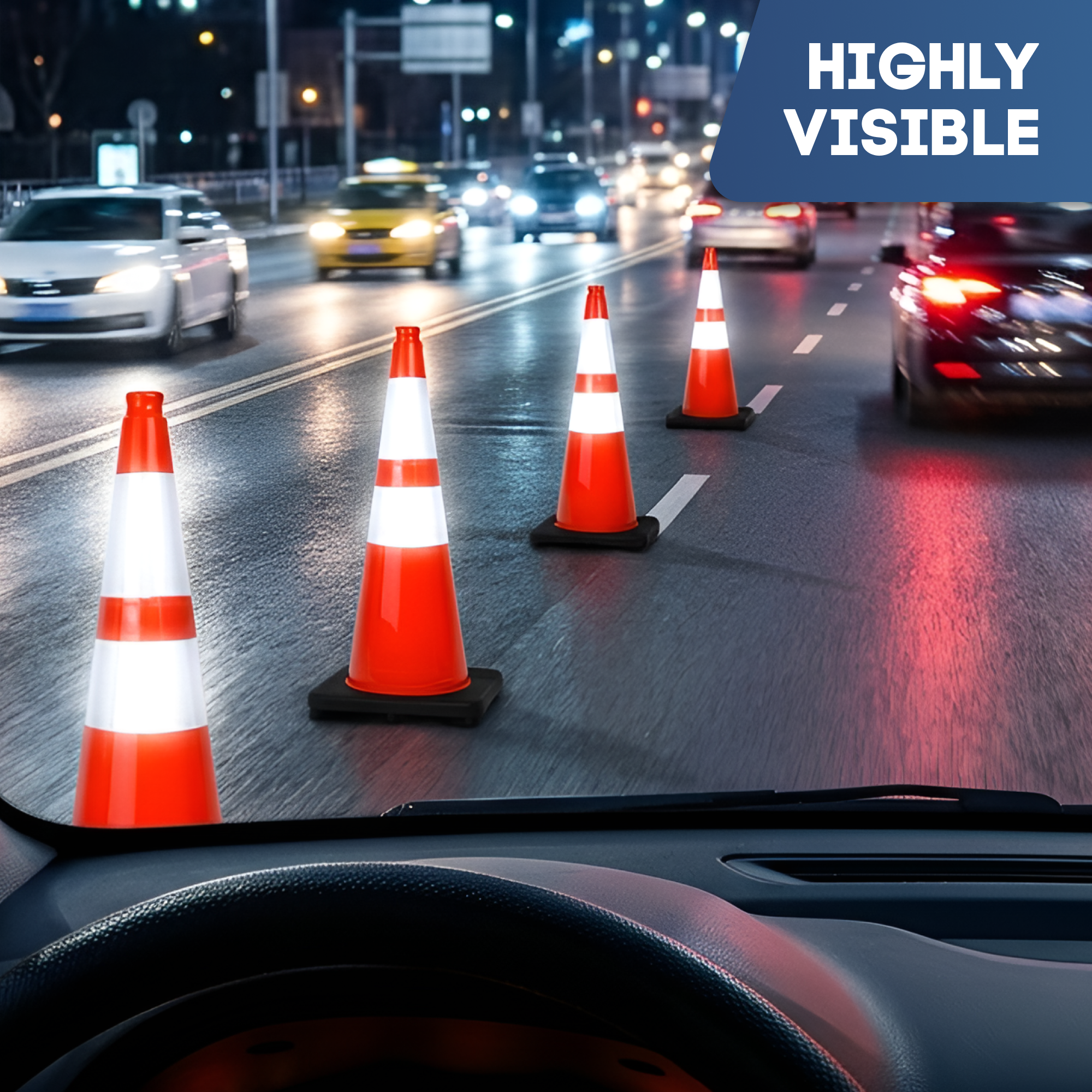 DSV Traffic Safety Cones 28’’ with Heavy Black Base and Reflective Collar - 4 PK, Orange, PVC