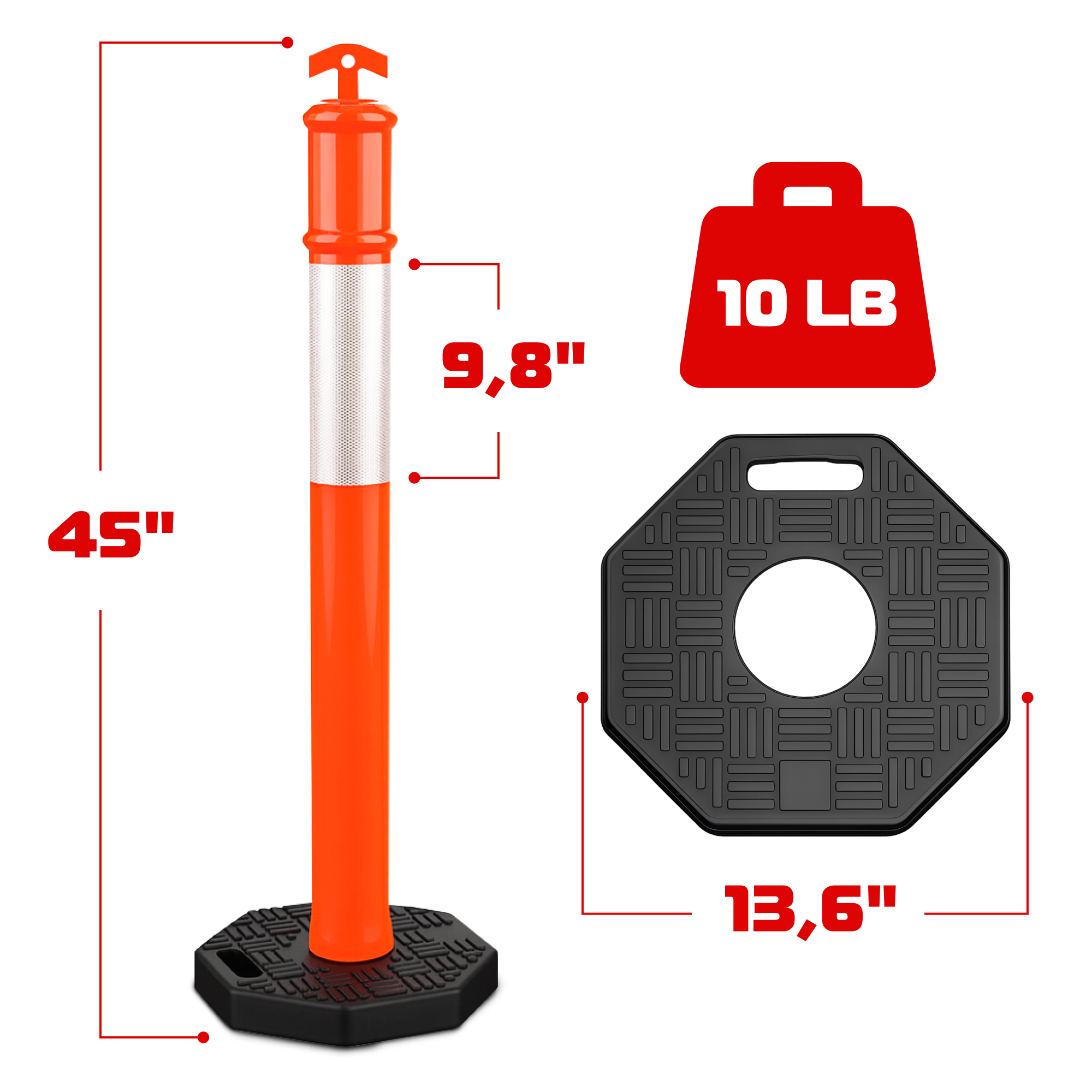 DSV Traffic Delineator Posts 45’’ with Base and Reflective Collars - 3 PK, Orange, HDPE