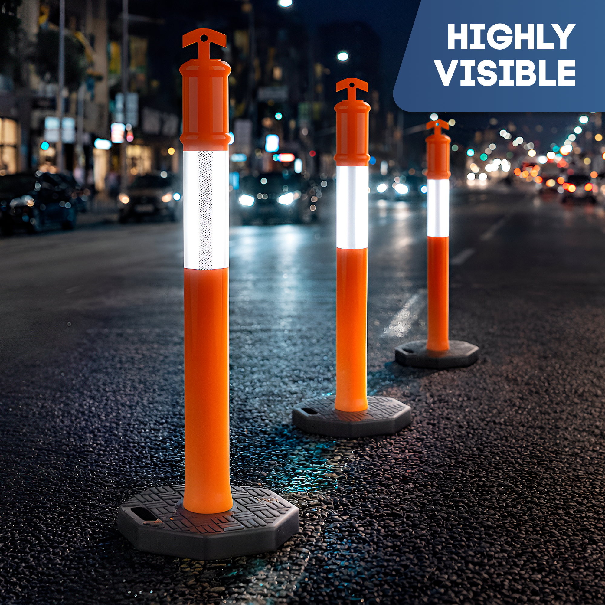 DSV Traffic Delineator Posts 45’’ with Base and Reflective Collars - 3 PK, Orange, HDPE