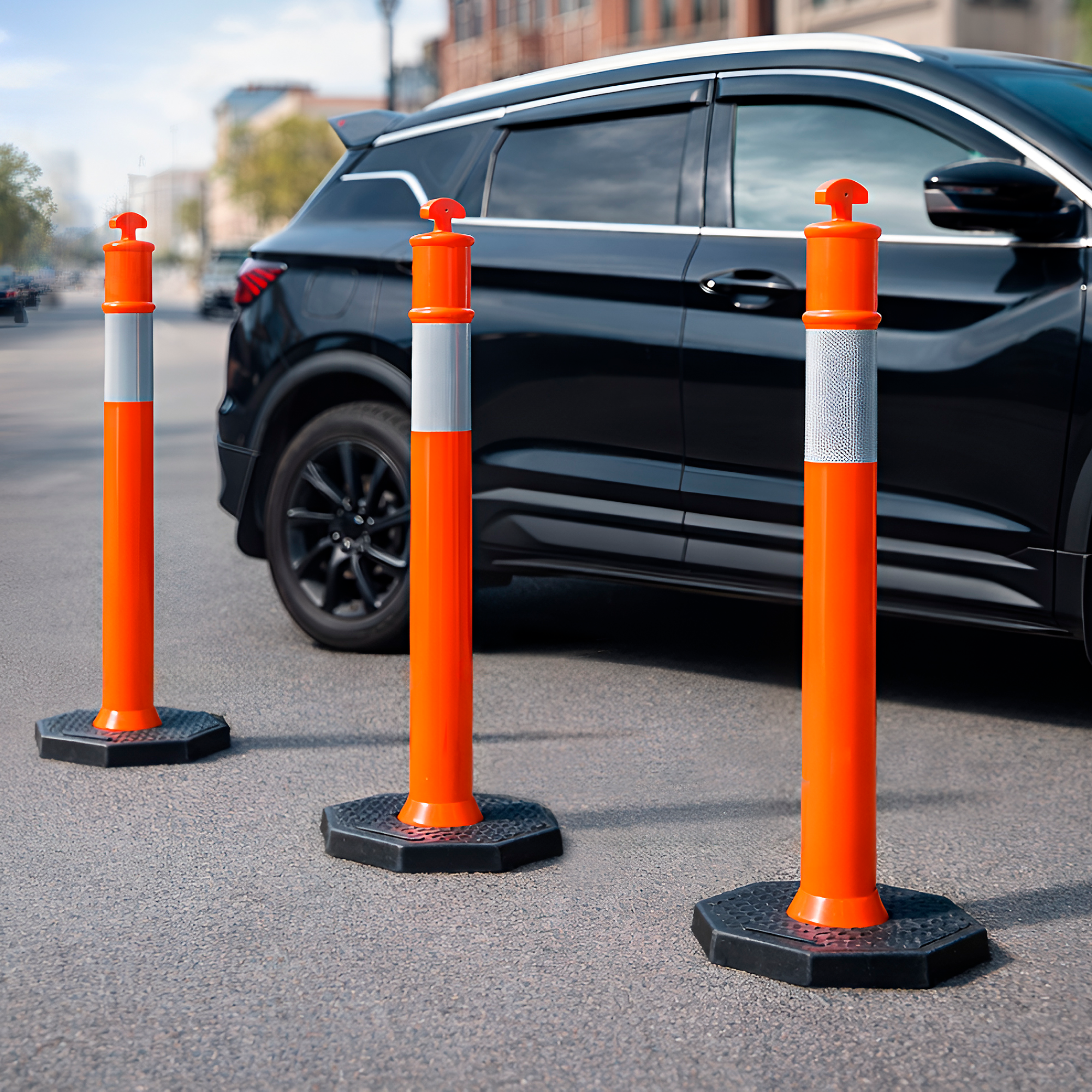 DSV Traffic Delineator Posts 45’’ with Base and Reflective Collars - 3 PK, Orange, HDPE