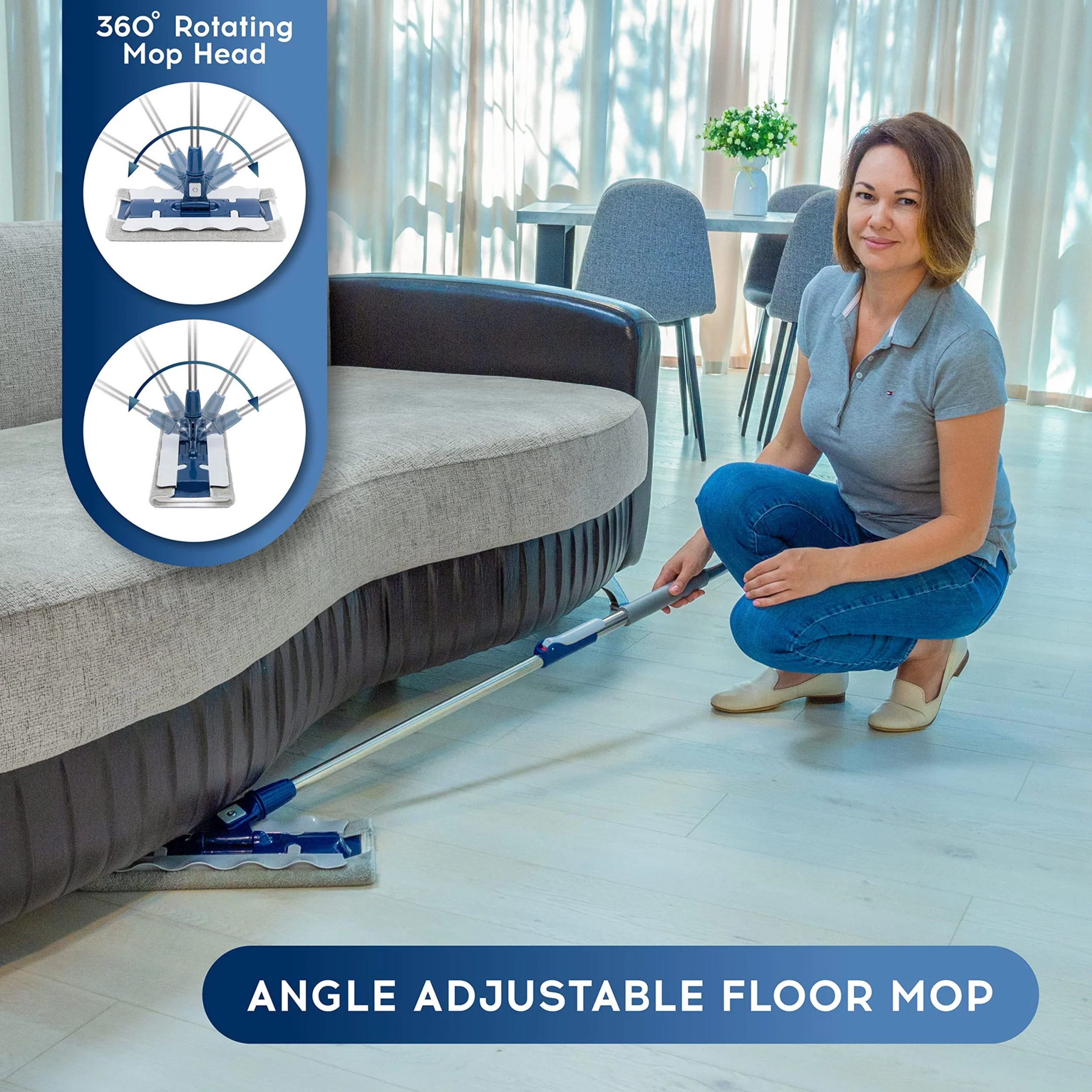 DSV Standard Professional Floor Mop with 3 Extra Microfiber Washable Pads, Adjustable Pole, Dry & Wet Cleaning, for All Type of Surfaces, for Home/Office with 360° Rotation Mop Head