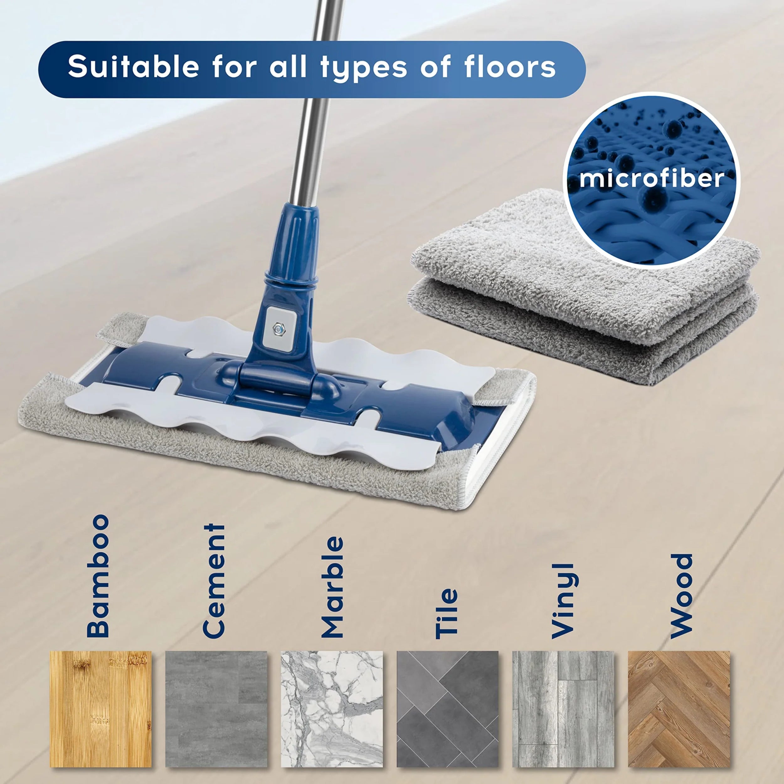 DSV Standard Professional Floor Mop with 3 Extra Microfiber Washable Pads, Adjustable Pole, Dry & Wet Cleaning, for All Type of Surfaces, for Home/Office with 360° Rotation Mop Head