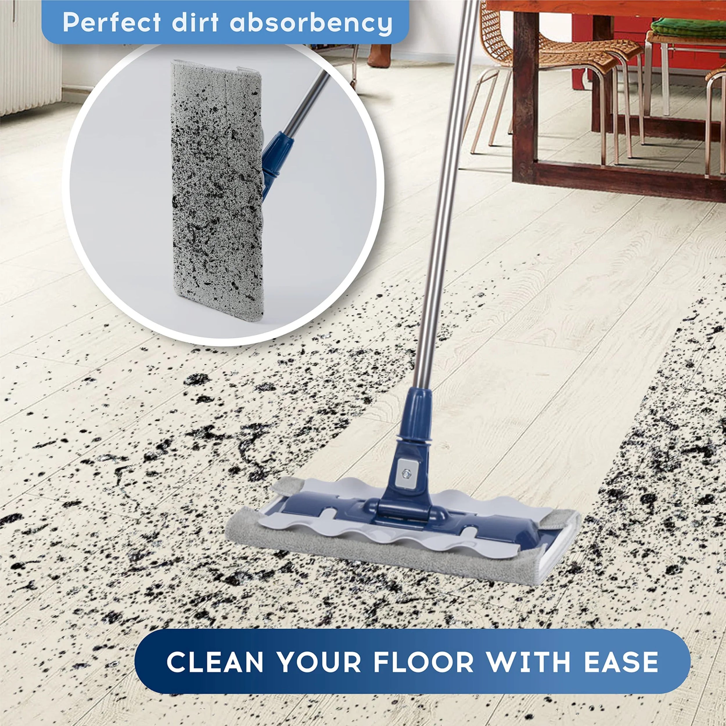 DSV Standard Professional Floor Mop with 3 Extra Microfiber Washable Pads, Adjustable Pole, Dry & Wet Cleaning, for All Type of Surfaces, for Home/Office with 360° Rotation Mop Head