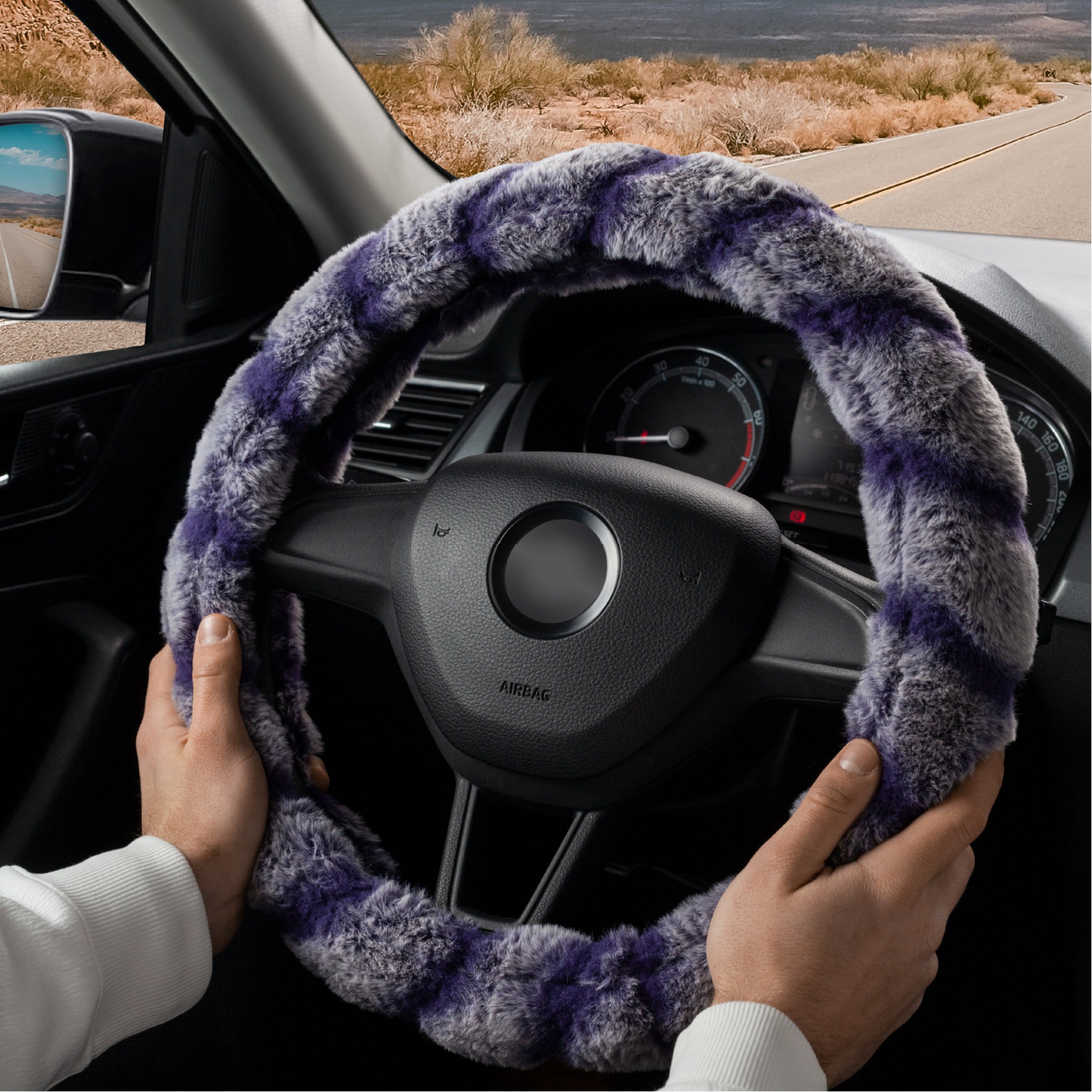 DSV Standard White/Blue Fluffy Faux Wool Car Steering Wheel Cover - Plush Fur, Warm Fuzzy Steering Wheel Wrap - Decorative Automotive Accessory for Car/Truck/SUV 15'' (37-39CM)