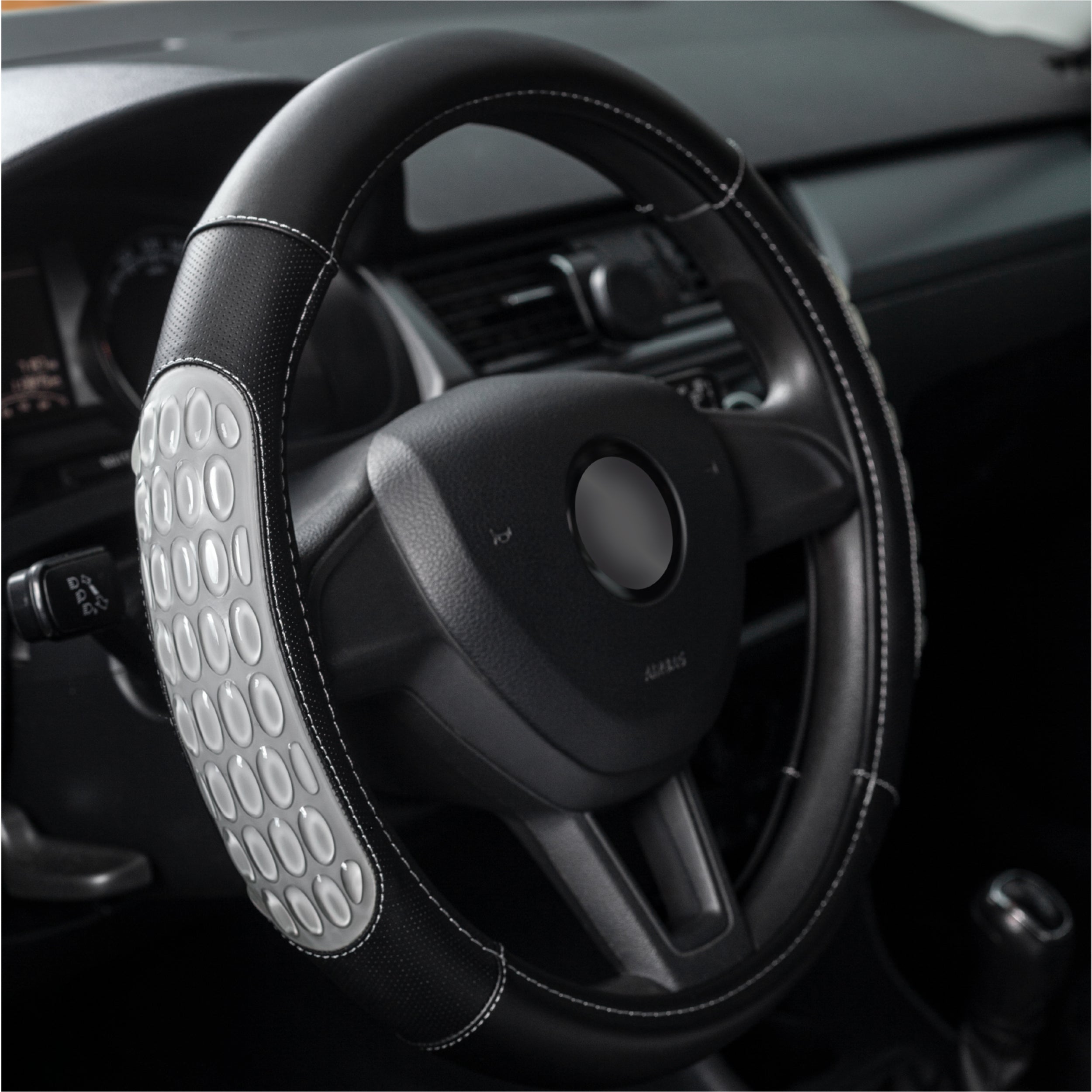 DSV Standard | Grey Leather Car Steering Wheel Cover |Breathable, Anti - Slip Odorless | Warm in Winter and Cool in Summer | Genuine Leather Steering Wheel Cover 15'' (37-39 cm)