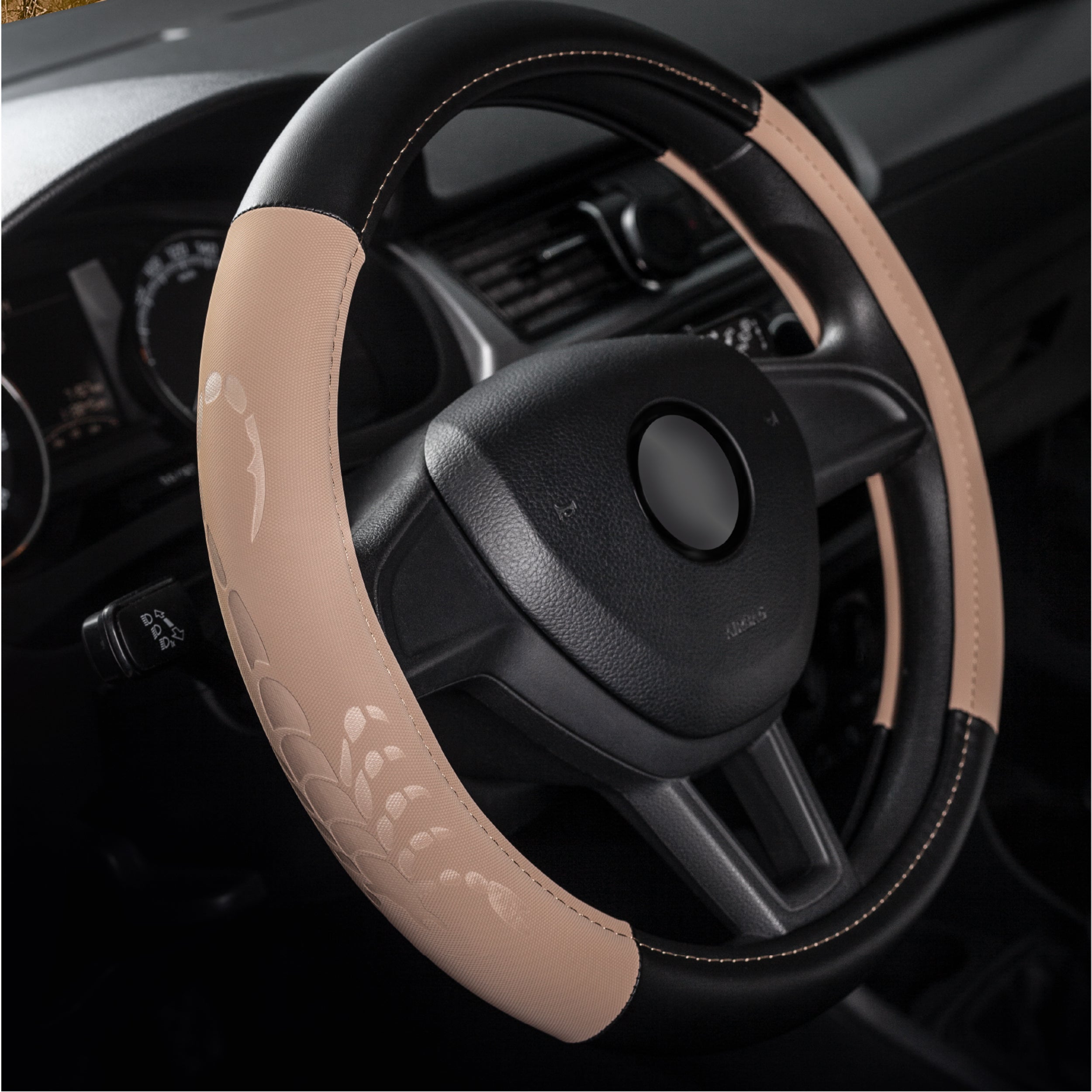 DSV Standard | Beige Leather Car Steering Wheel Cover |Breathable, Anti - Slip Odorless | Warm in Winter and Cool in Summer | Genuine Leather Steering Wheel Cover 15'' (37-39 cm)