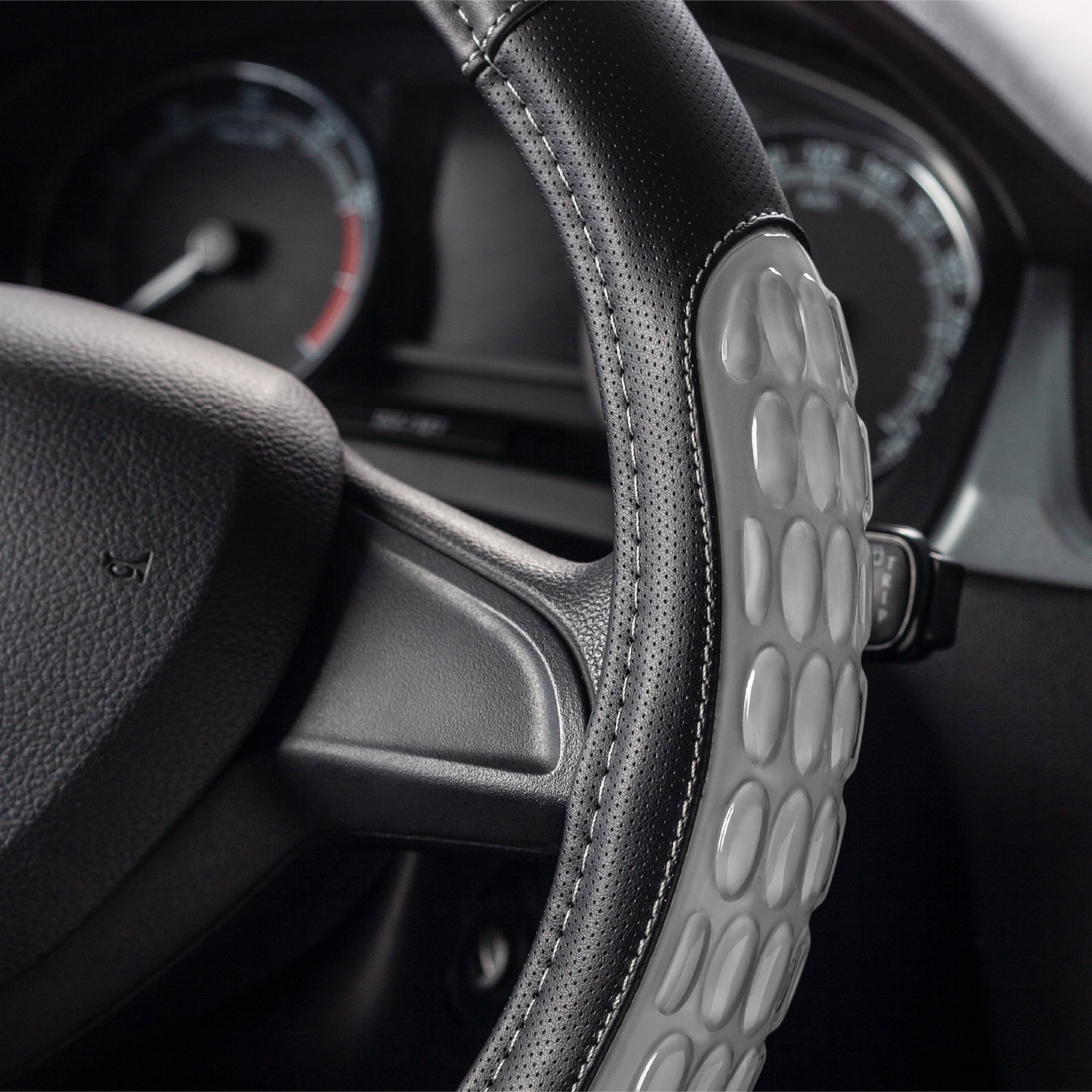 DSV Standard | Grey Leather Car Steering Wheel Cover |Breathable, Anti - Slip Odorless | Warm in Winter and Cool in Summer | Genuine Leather Steering Wheel Cover 15'' (37-39 cm)