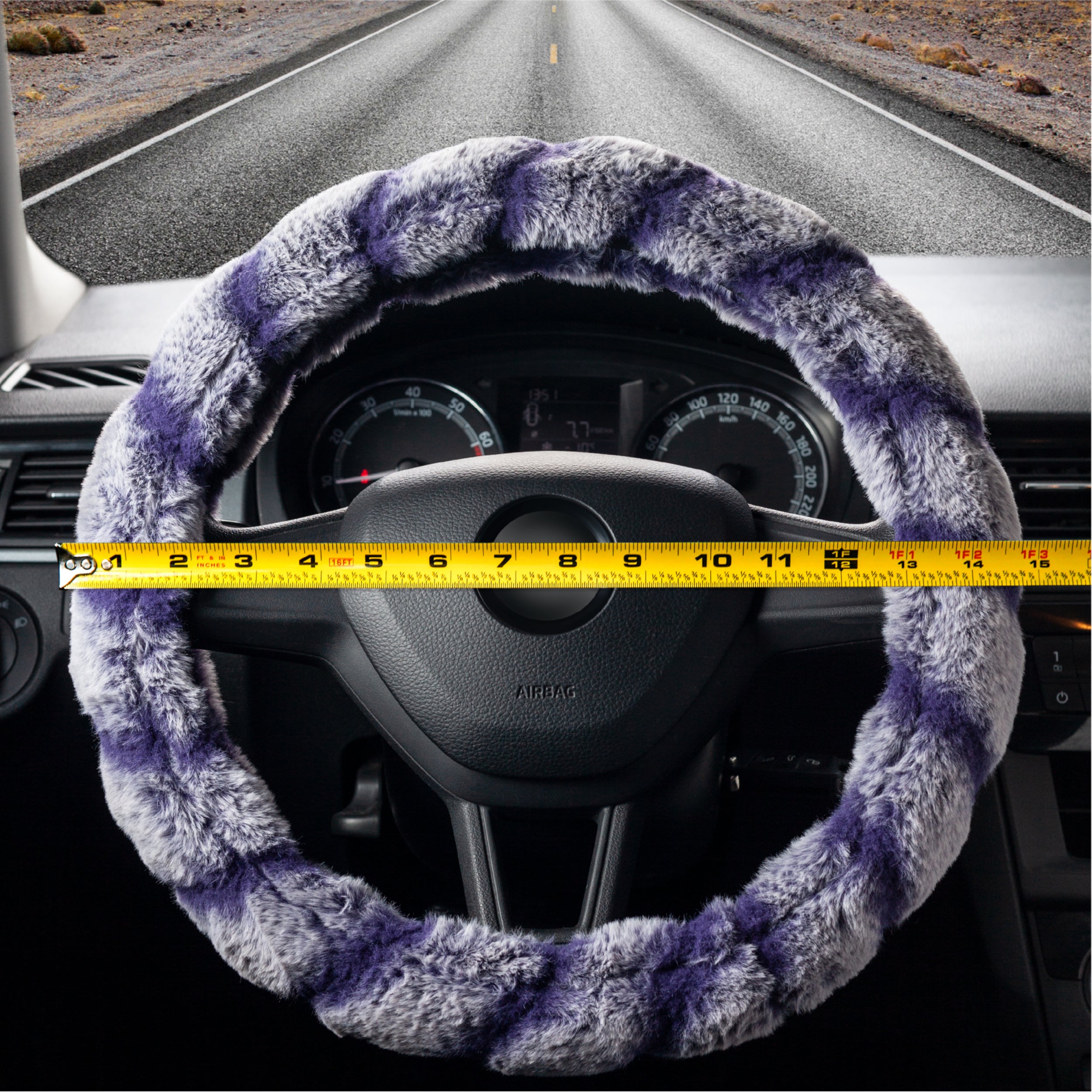 DSV Standard White/Blue Fluffy Faux Wool Car Steering Wheel Cover - Plush Fur, Warm Fuzzy Steering Wheel Wrap - Decorative Automotive Accessory for Car/Truck/SUV 15'' (37-39CM)