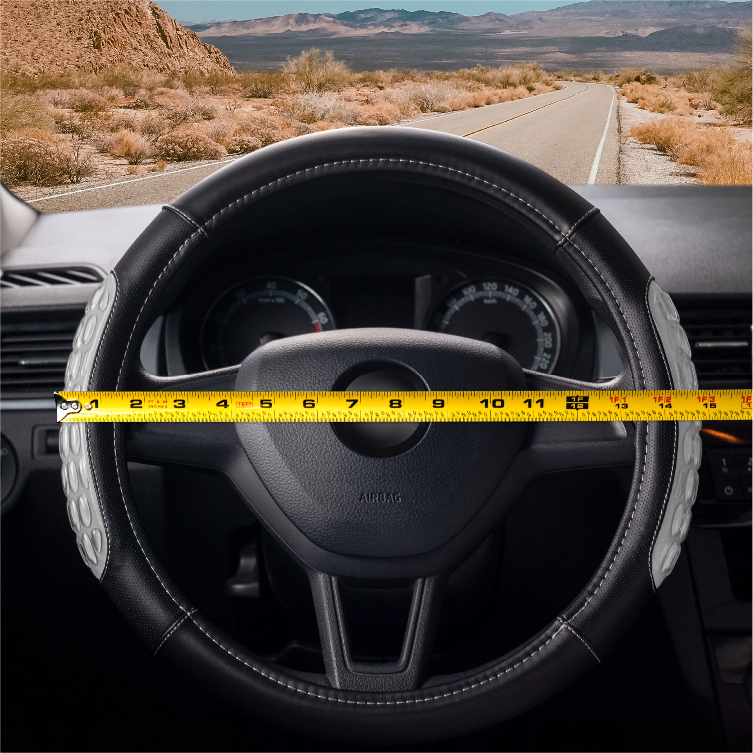 DSV Standard | Grey Leather Car Steering Wheel Cover |Breathable, Anti - Slip Odorless | Warm in Winter and Cool in Summer | Genuine Leather Steering Wheel Cover 15'' (37-39 cm)