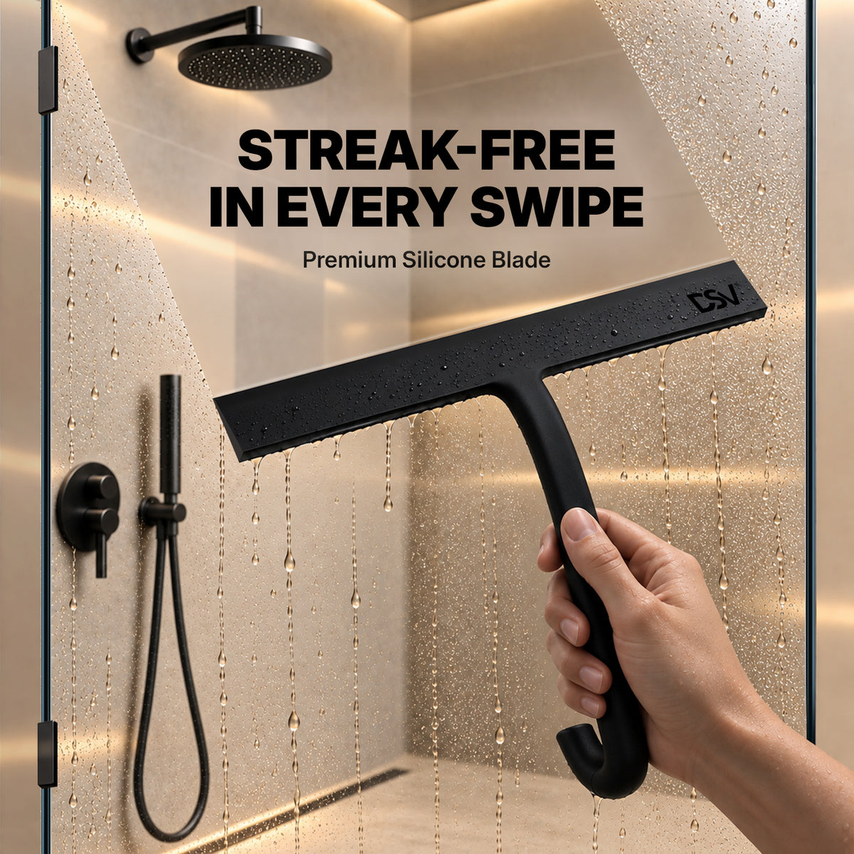 DSV Silicone Squeegee for Glass Doors 10 Inch, Shower Squeegee with Built-in Hook for Shower Glass, Tile, Mirror, Window, 1-Pack, Black