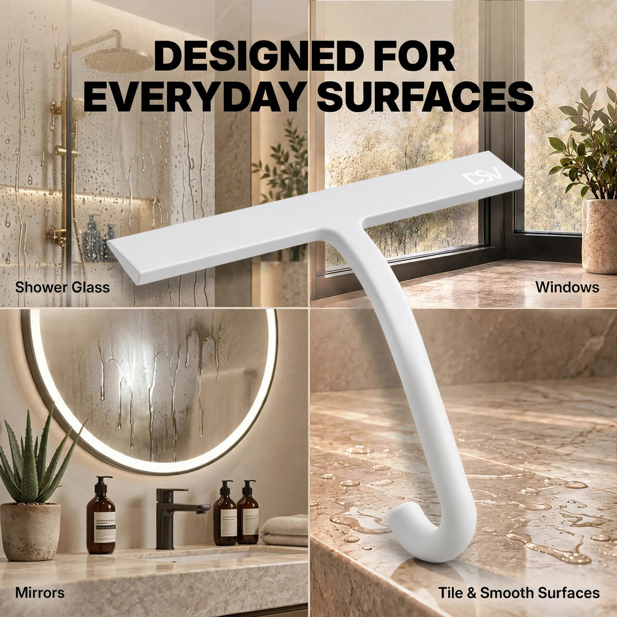 DSV Silicone Squeegee for Glass Doors 10 Inch, Shower Squeegee with Built-in Hook for Shower Glass, Tile, Mirror, Window, 1-Pack, White