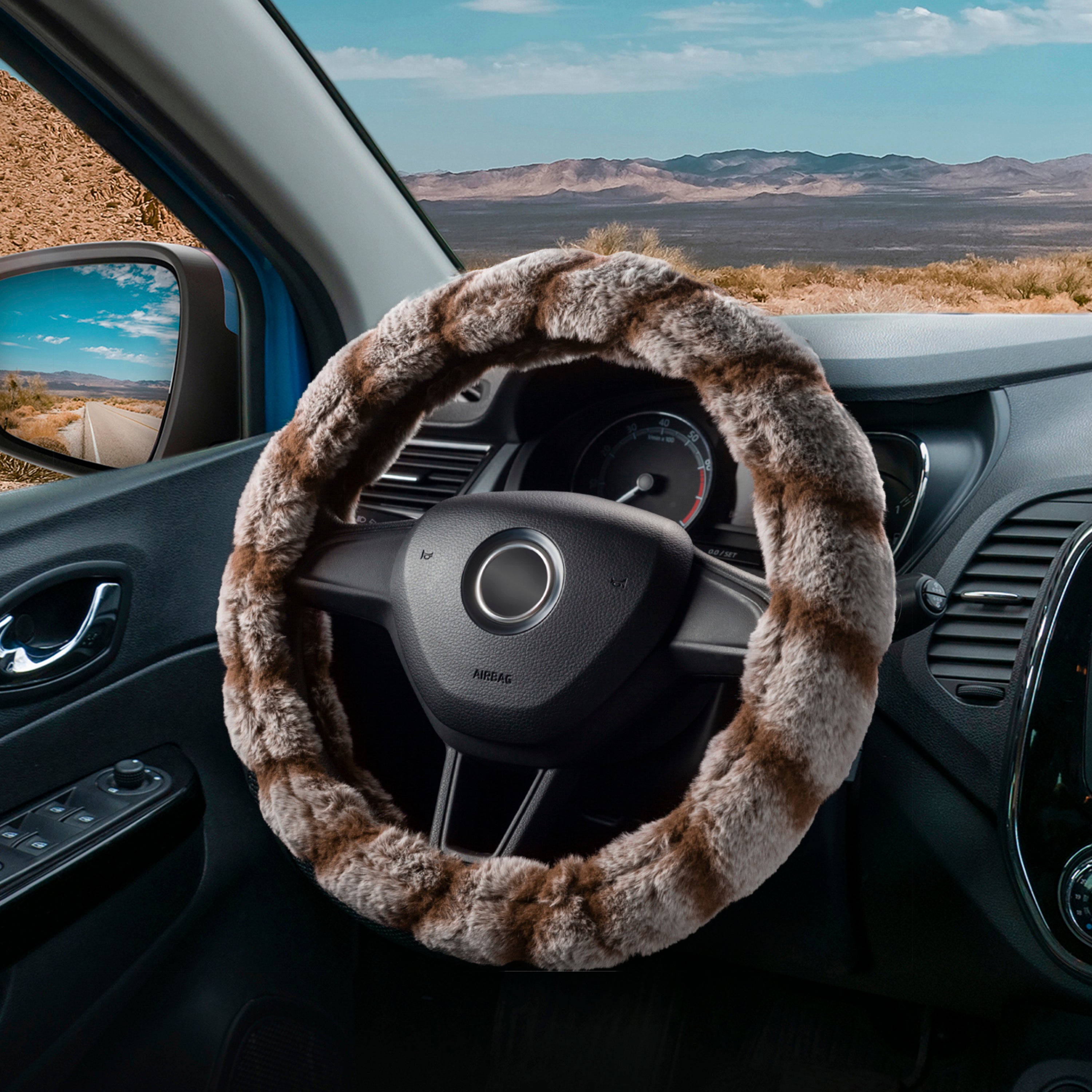 DSV Standard Brown Fluffy Faux Wool Car Steering Wheel Cover - Plush Fur, Warm Fuzzy Steering Wheel Wrap - Decorative Automotive Accessory for Car/Truck/SUV 15'' (37-39CM)