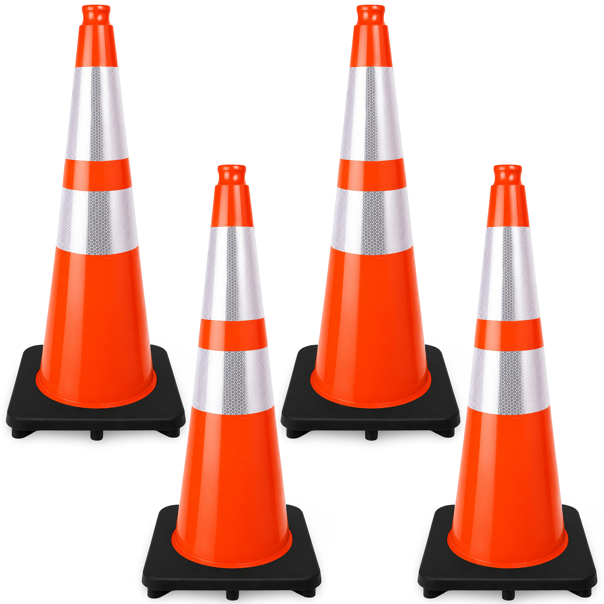 DSV 28’’ Traffic Cones with Heavy Black Base, Impact-Resistant Safety Cones with Reflective Collars for Parking, Road Construction, Drivers Training, Driveway, 4 Pack, PVC, Orange