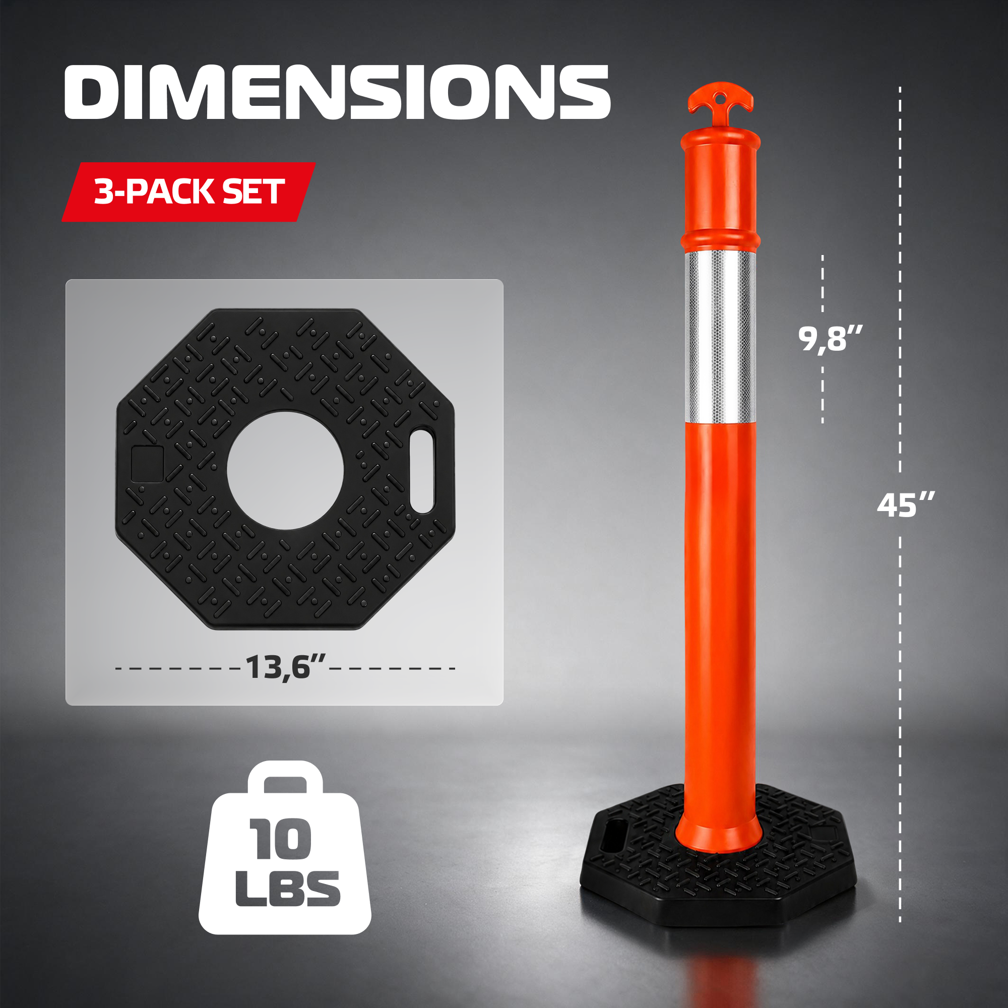 DSV 45’' Traffic Delineator Post with Heavy Duty Rubber Base, Impact-Resistant Traffic Cones with Reflective Collars for Driving Practice, Construction Work, 3 Pack, Orange