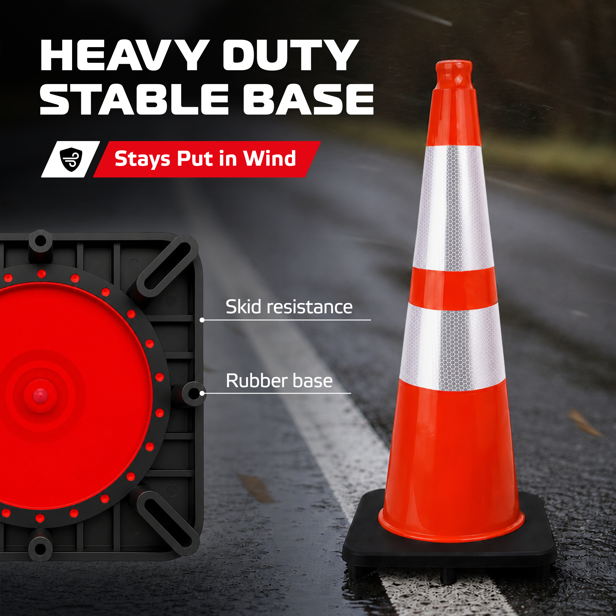 DSV 28’’ Traffic Cones with Heavy Black Base, Impact-Resistant Safety Cones with Reflective Collars for Parking, Road Construction, Drivers Training, Driveway, 4 Pack, PVC, Orange