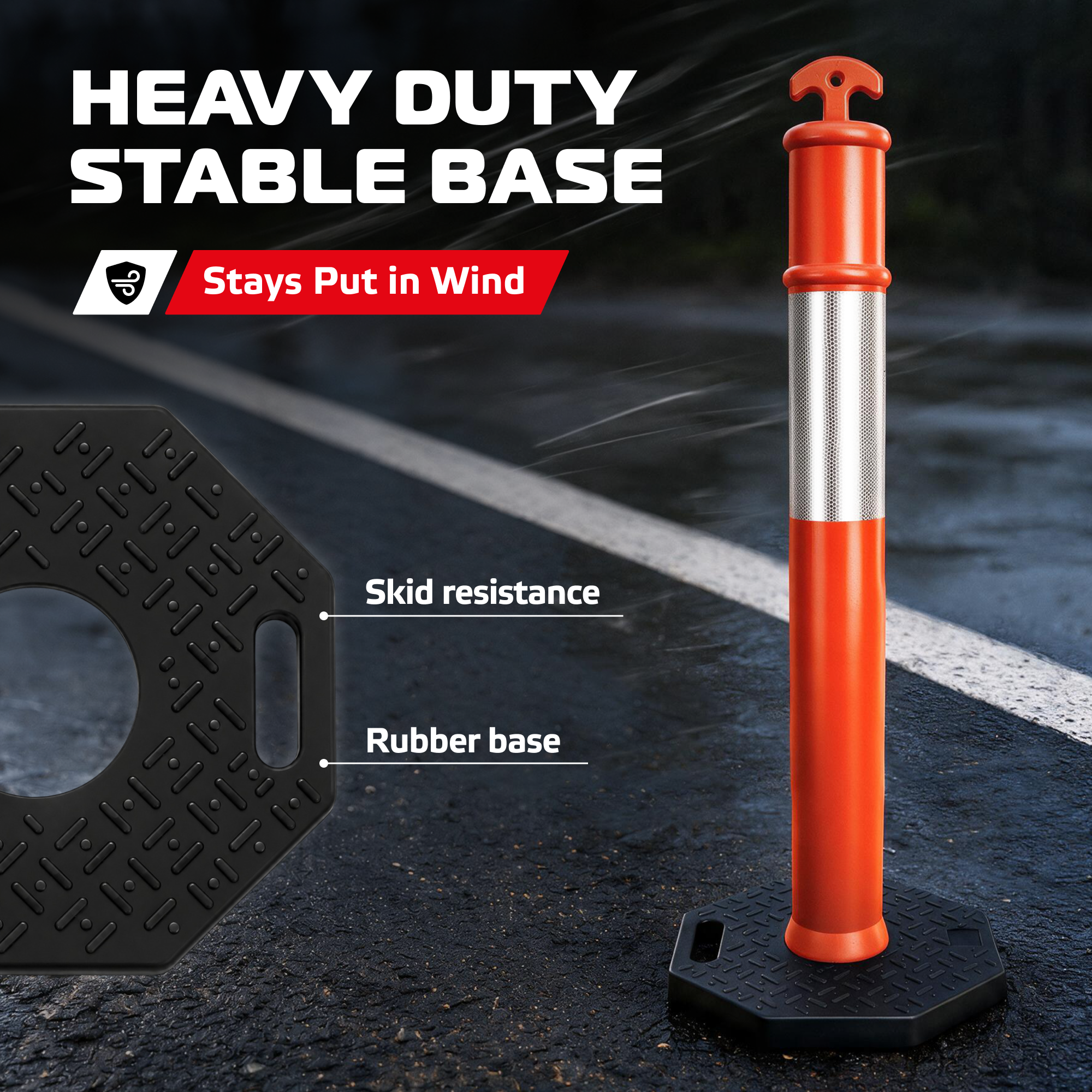 DSV 45’' Traffic Delineator Post with Heavy Duty Rubber Base, Impact-Resistant Traffic Cones with Reflective Collars for Driving Practice, Construction Work, 3 Pack, Orange
