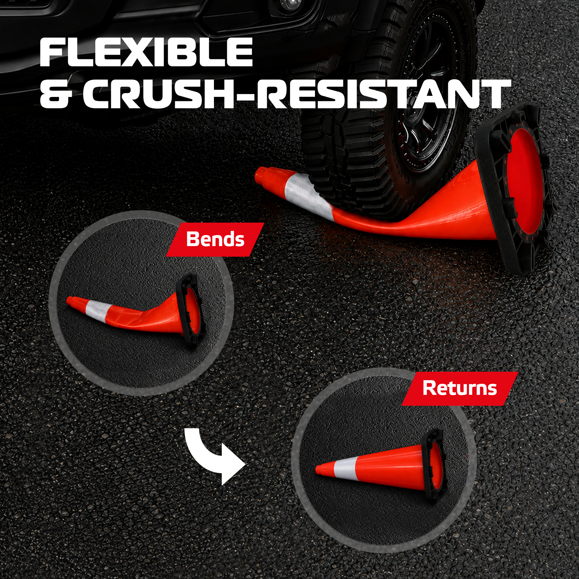 DSV Traffic Safety Cones 18’’ with Heavy Black Base and Reflective Collar - 4 PK, Orange, PVC