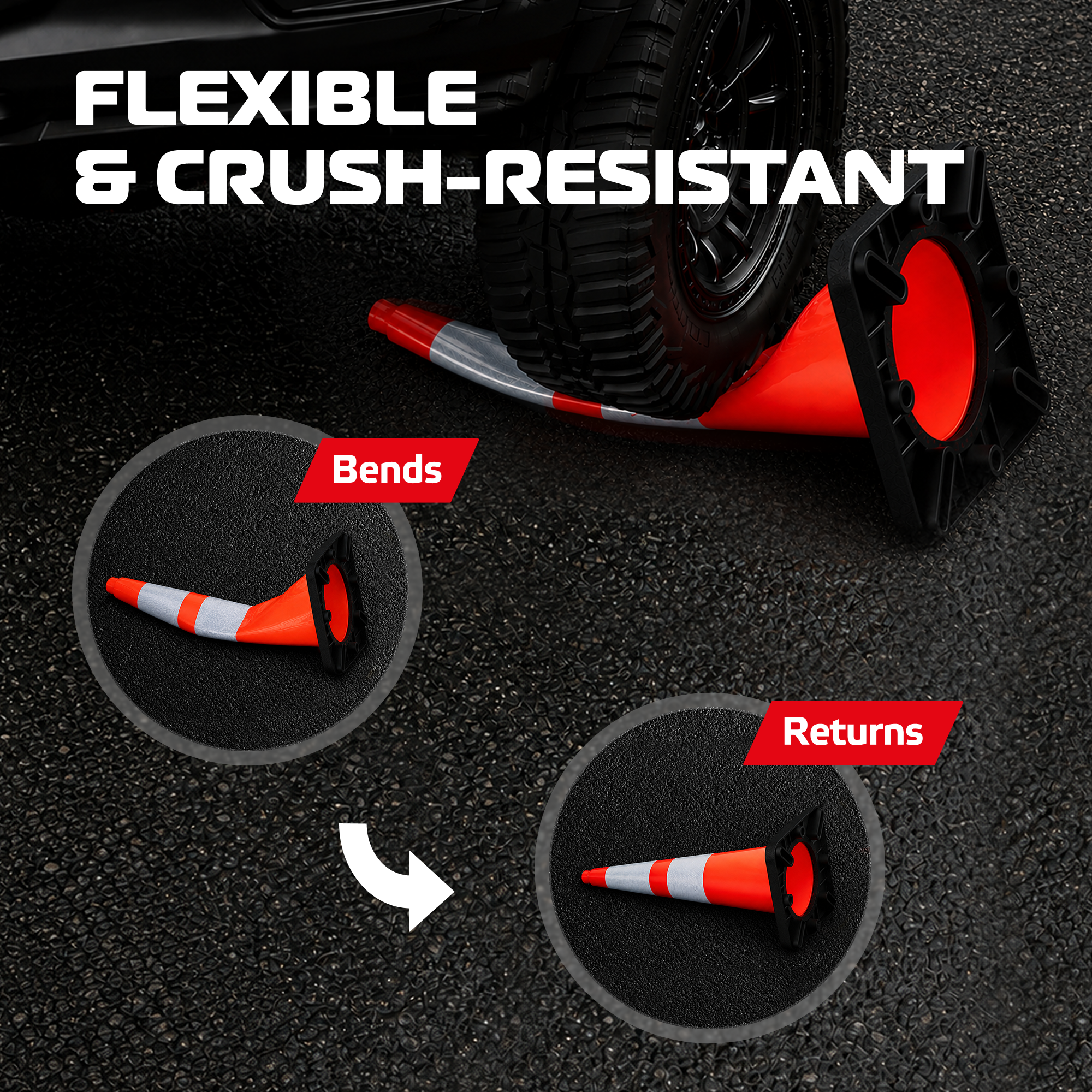 DSV 28’’ Traffic Cones with Heavy Black Base, Impact-Resistant Safety Cones with Reflective Collars for Parking, Road Construction, Drivers Training, Driveway, 4 Pack, PVC, Orange