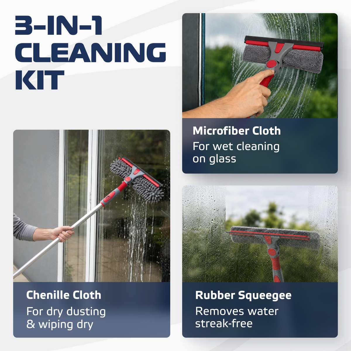 DSV Standard Squeegee Window Cleaner Tool 2-in-1 Window Squeegee for Window Cleaning, 60” Window Cleaning Squeegee Kit with Bendable Head and Extension Pole