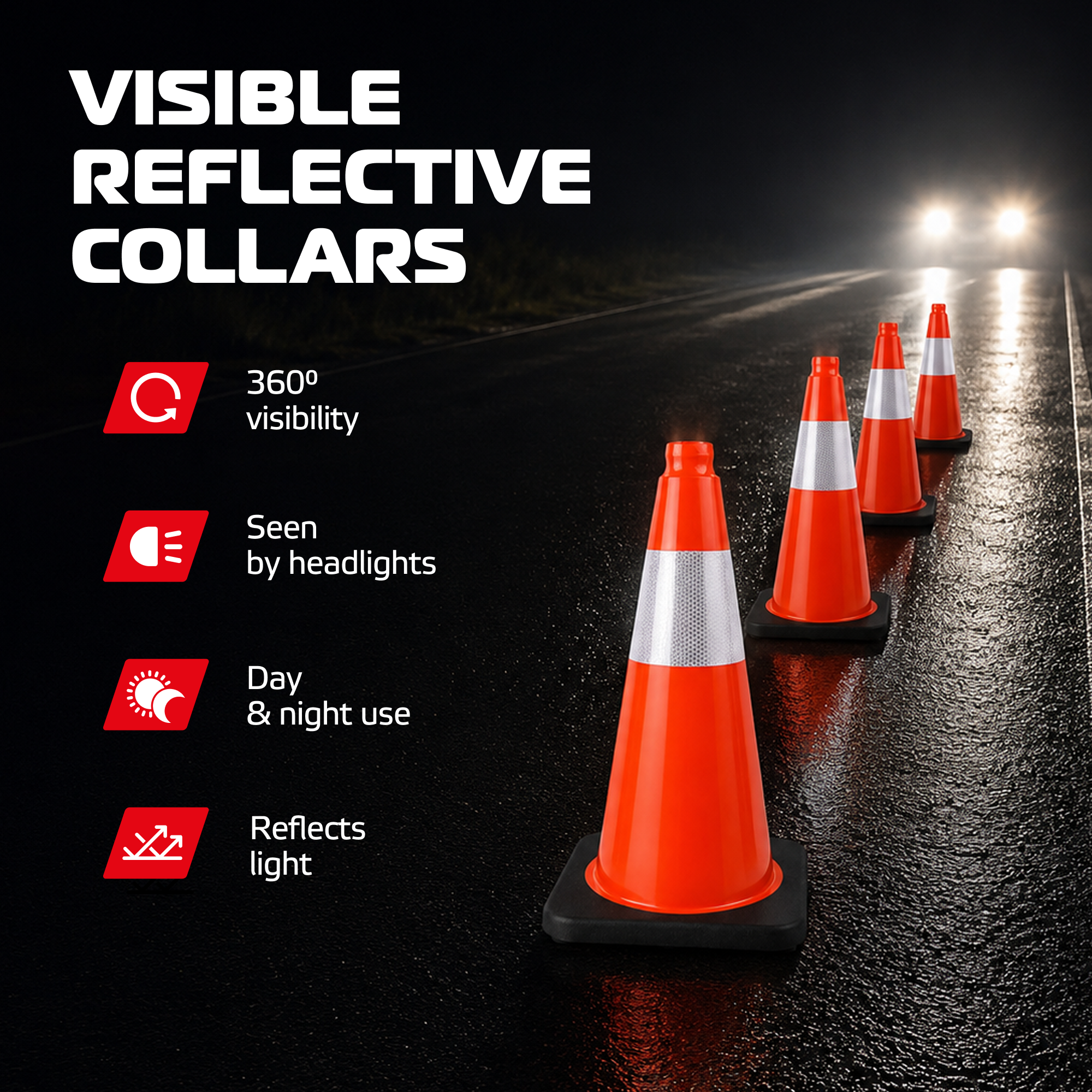 DSV Traffic Safety Cones 18’’ with Heavy Black Base and Reflective Collar - 4 PK, Orange, PVC
