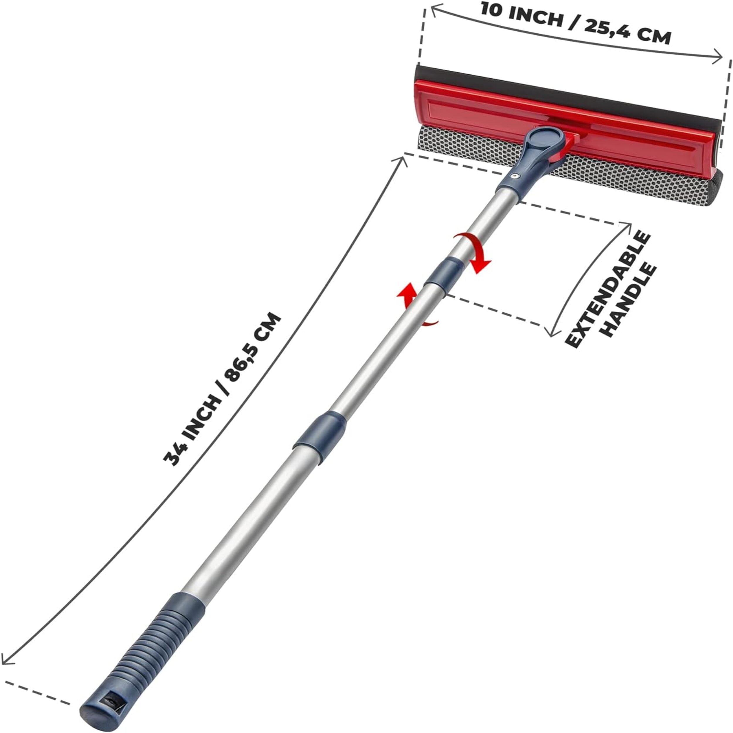 DSV Standard Professional Window Squeegee | 2-in-1 Window Cleaner Sponge and 10" Soft Rubber Strip with Telescopic Extension Pole 34'' | Adjustable to Clean from Multiple Angles