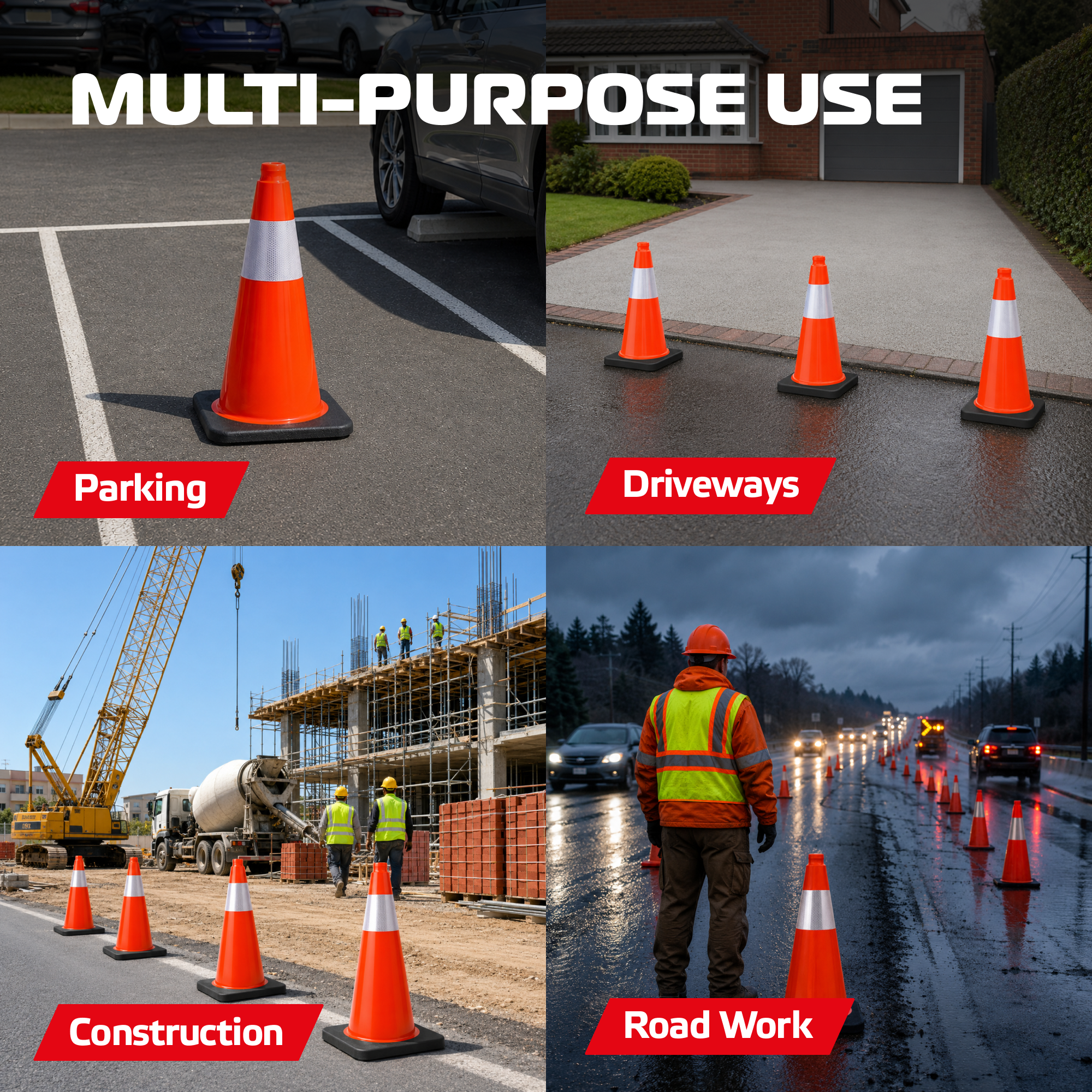 DSV Traffic Safety Cones 18’’ with Heavy Black Base and Reflective Collar - 4 PK, Orange, PVC