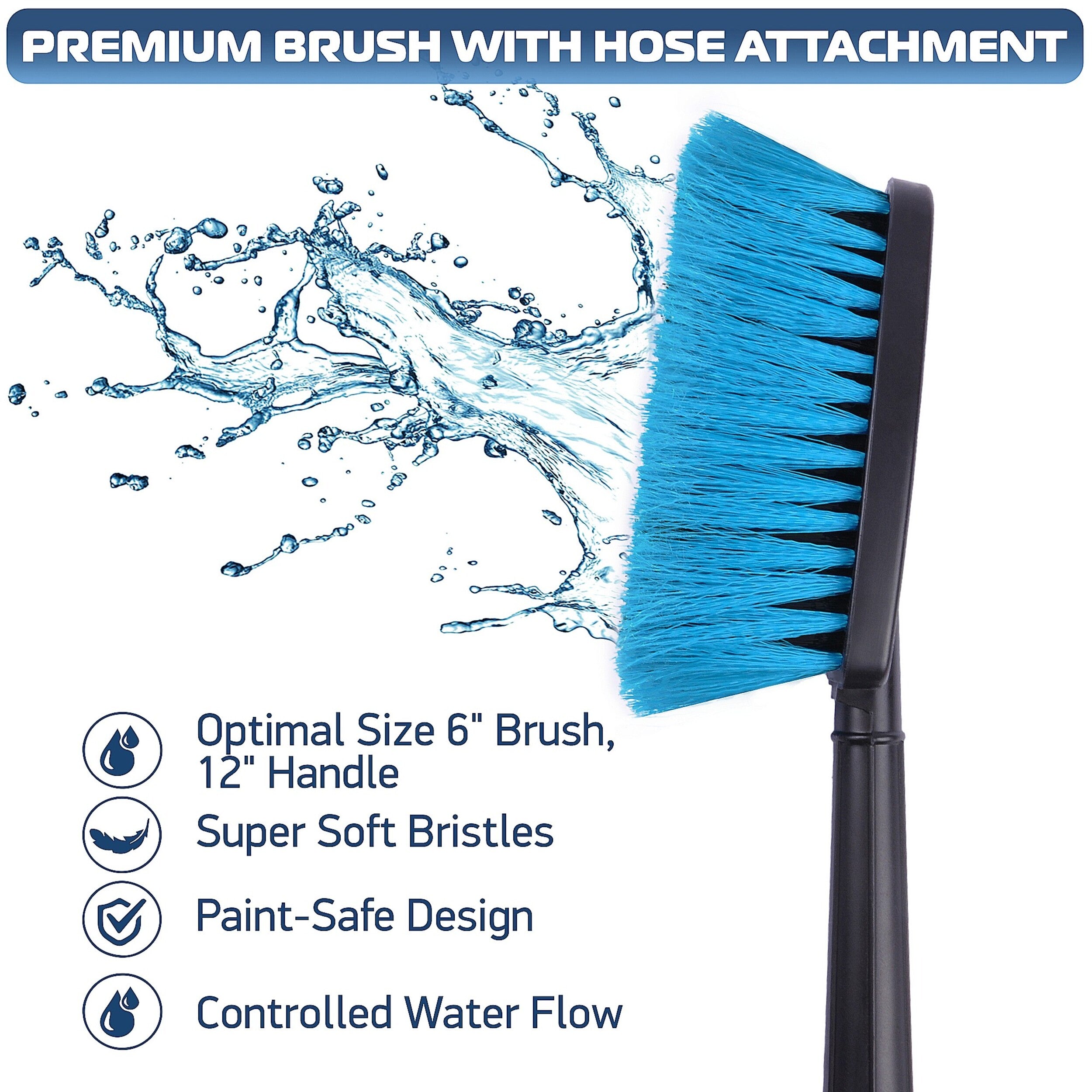 DSV Standard Car Wash Brush with 11.4'' Long Handle, Car Cleaning Brush with Hose Attachment, Car Brushes for Washing 6'' Soft Bristles for Scratch-Free Cleaning Auto, Boat, Truck