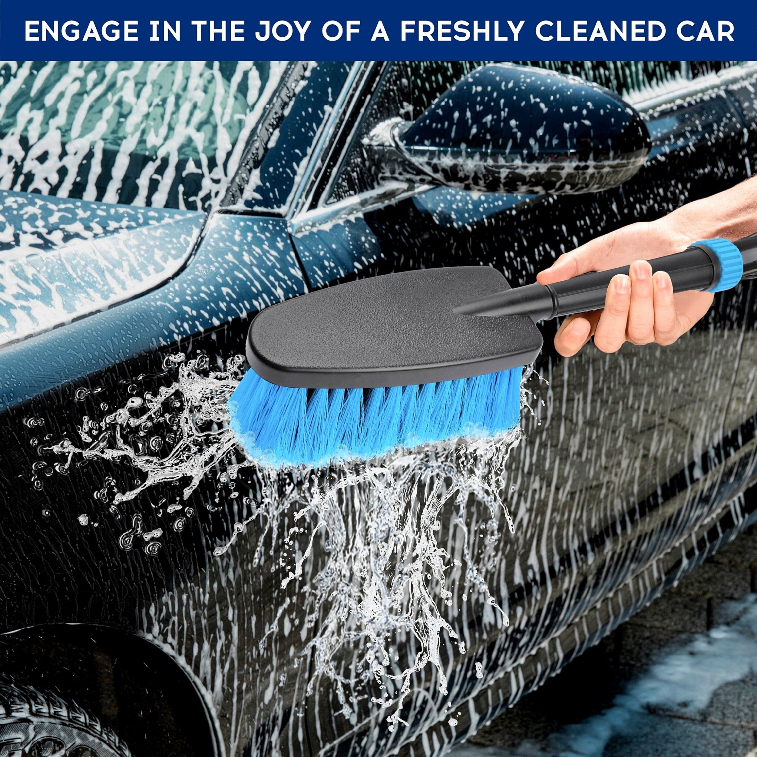 DSV Standard Car Wash Brush with 11.4'' Long Handle, Car Cleaning Brush with Hose Attachment, Car Brushes for Washing 6'' Soft Bristles for Scratch-Free Cleaning Auto, Boat, Truck