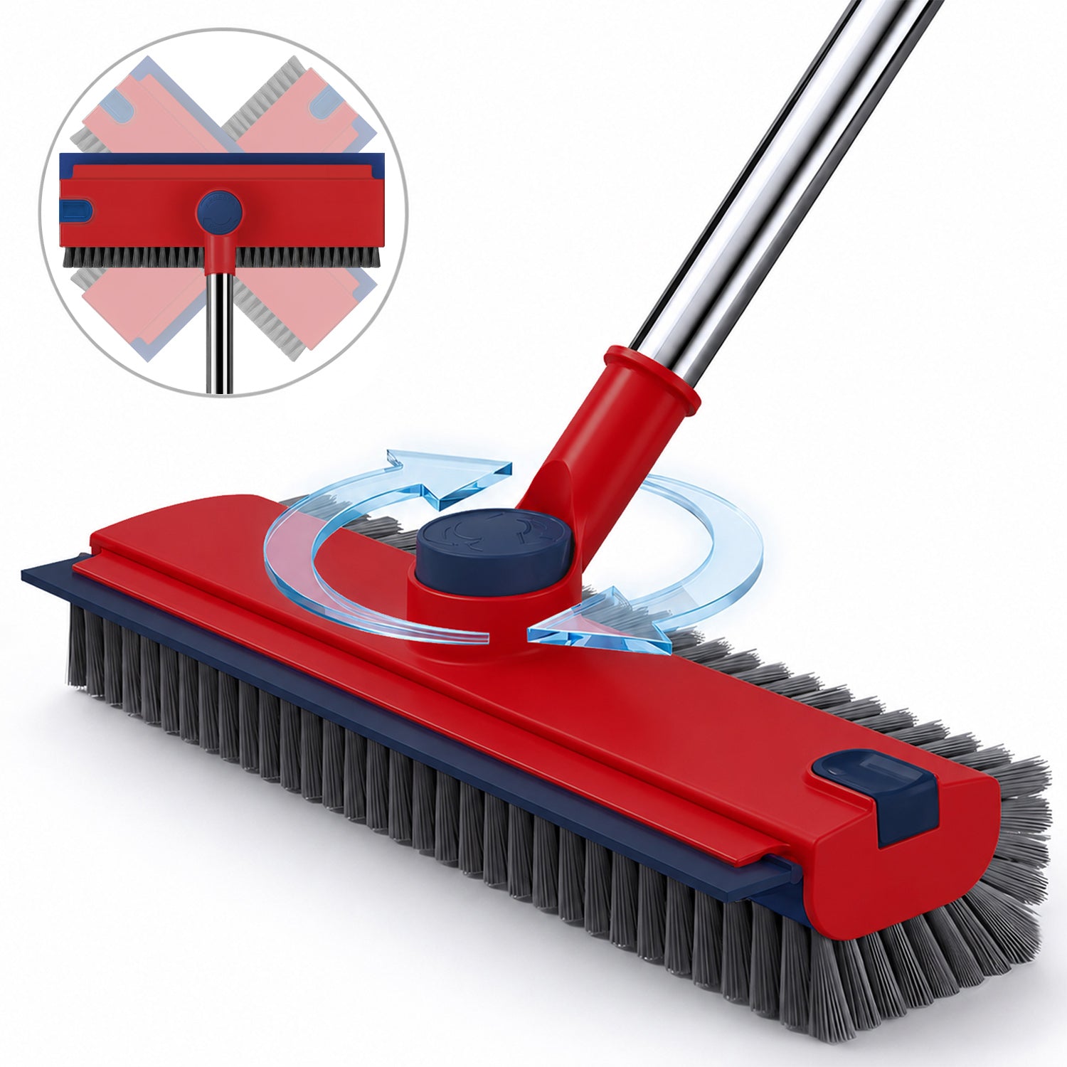 Floor Scrub Brush with Adjustable Long Handle 54’’, 3 in 1 Shower Scrubber with Squeegee, 360 Rotating Head, Stiff Bristle Cleaning Brush for Tile, Grout, Bathroom, Kitchen, Deck, Patio, Blue/Red