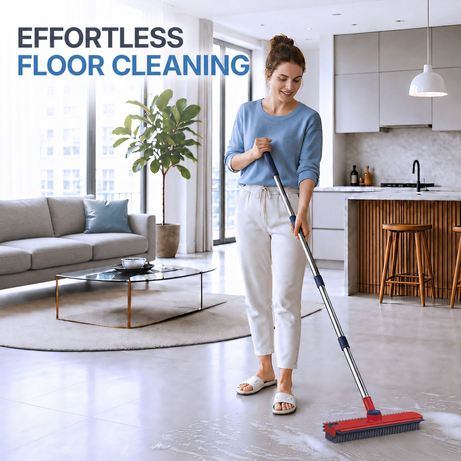 Floor Scrub Brush with Adjustable Long Handle 54’’, 3 in 1 Shower Scrubber with Squeegee, 360 Rotating Head, Stiff Bristle Cleaning Brush for Tile, Grout, Bathroom, Kitchen, Deck, Patio, Blue/Red