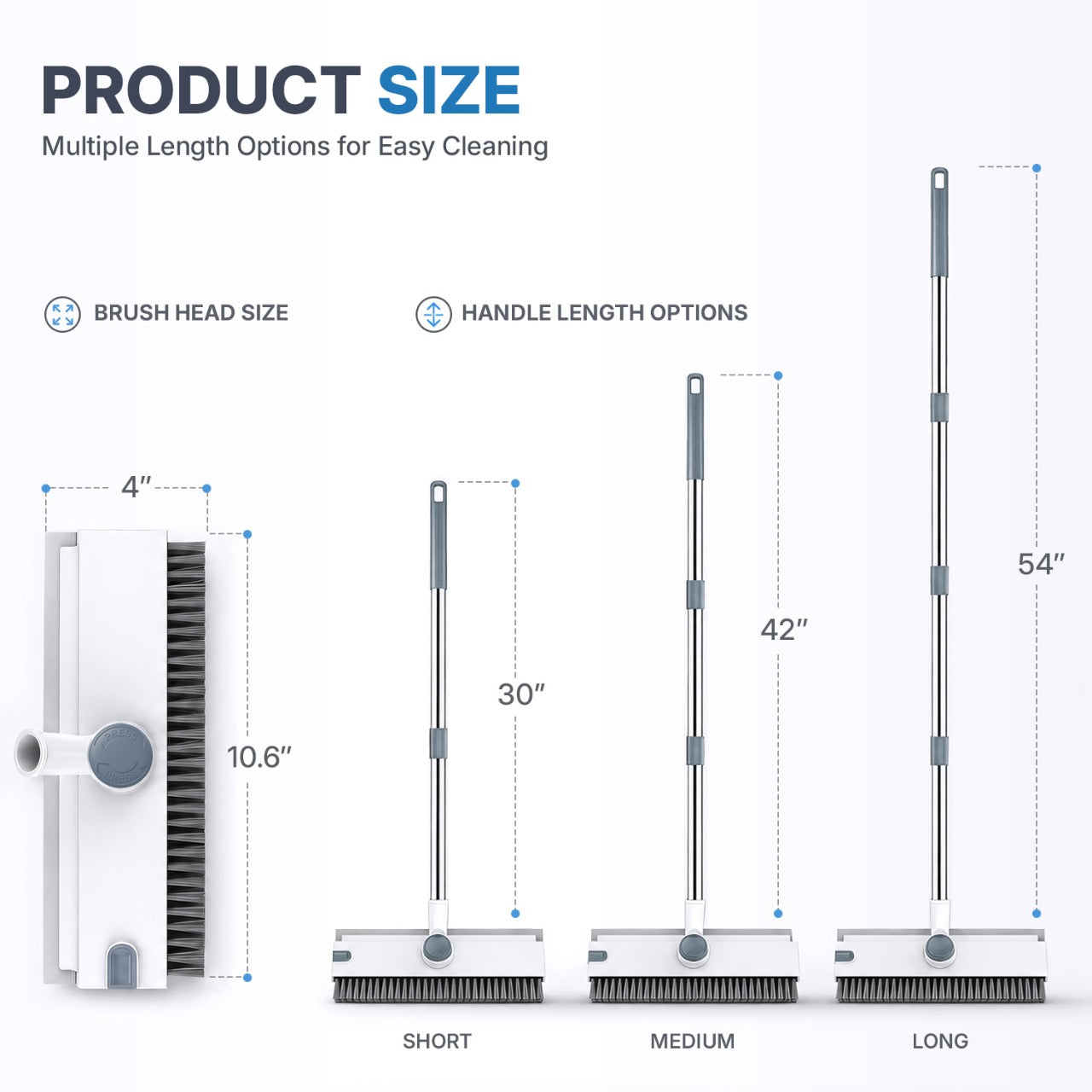 Floor Scrub Brush with Adjustable Long Handle 54’’, 3 in 1 Shower Scrubber with Squeegee, 360 Rotating Head, Stiff Bristle Cleaning Brush for Tile, Grout, Bathroom, Kitchen, Deck, Patio, White