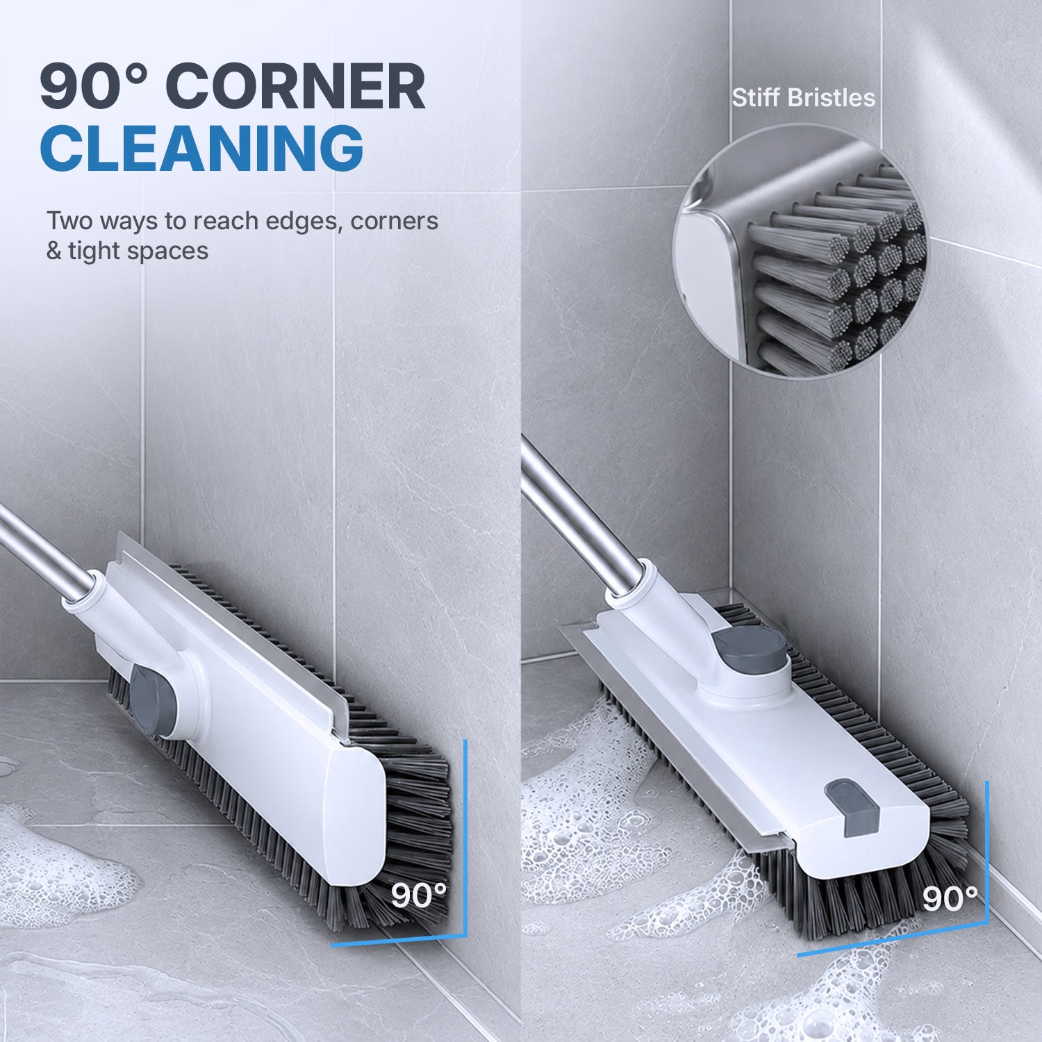 Floor Scrub Brush with Adjustable Long Handle 54’’, 3 in 1 Shower Scrubber with Squeegee, 360 Rotating Head, Stiff Bristle Cleaning Brush for Tile, Grout, Bathroom, Kitchen, Deck, Patio, White
