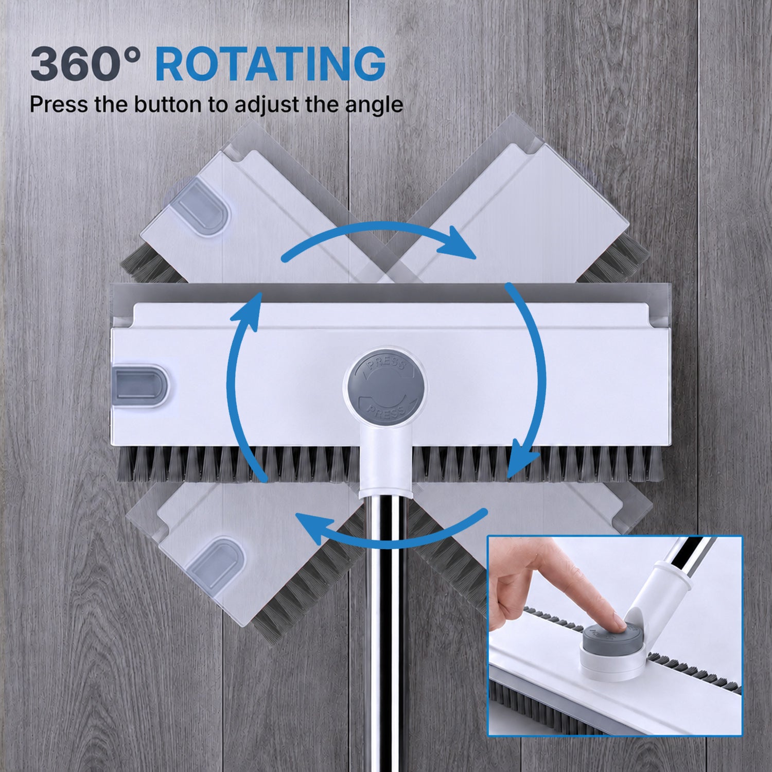 Floor Scrub Brush with Adjustable Long Handle 54’’, 3 in 1 Shower Scrubber with Squeegee, 360 Rotating Head, Stiff Bristle Cleaning Brush for Tile, Grout, Bathroom, Kitchen, Deck, Patio, White