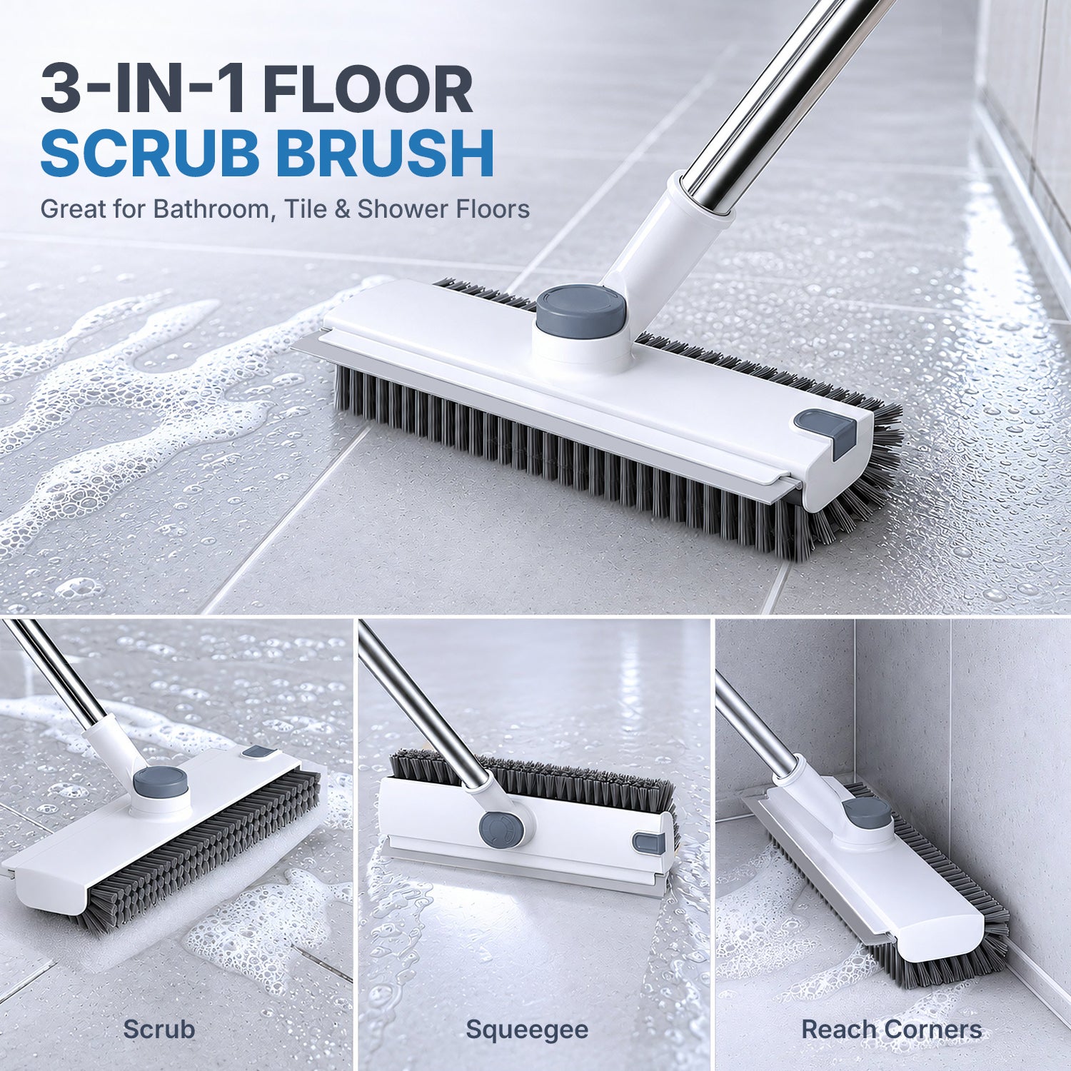 Floor Scrub Brush with Adjustable Long Handle 54’’, 3 in 1 Shower Scrubber with Squeegee, 360 Rotating Head, Stiff Bristle Cleaning Brush for Tile, Grout, Bathroom, Kitchen, Deck, Patio, White
