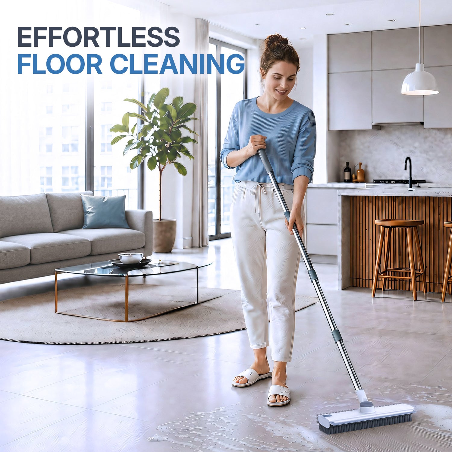Floor Scrub Brush with Adjustable Long Handle 54’’, 3 in 1 Shower Scrubber with Squeegee, 360 Rotating Head, Stiff Bristle Cleaning Brush for Tile, Grout, Bathroom, Kitchen, Deck, Patio, White