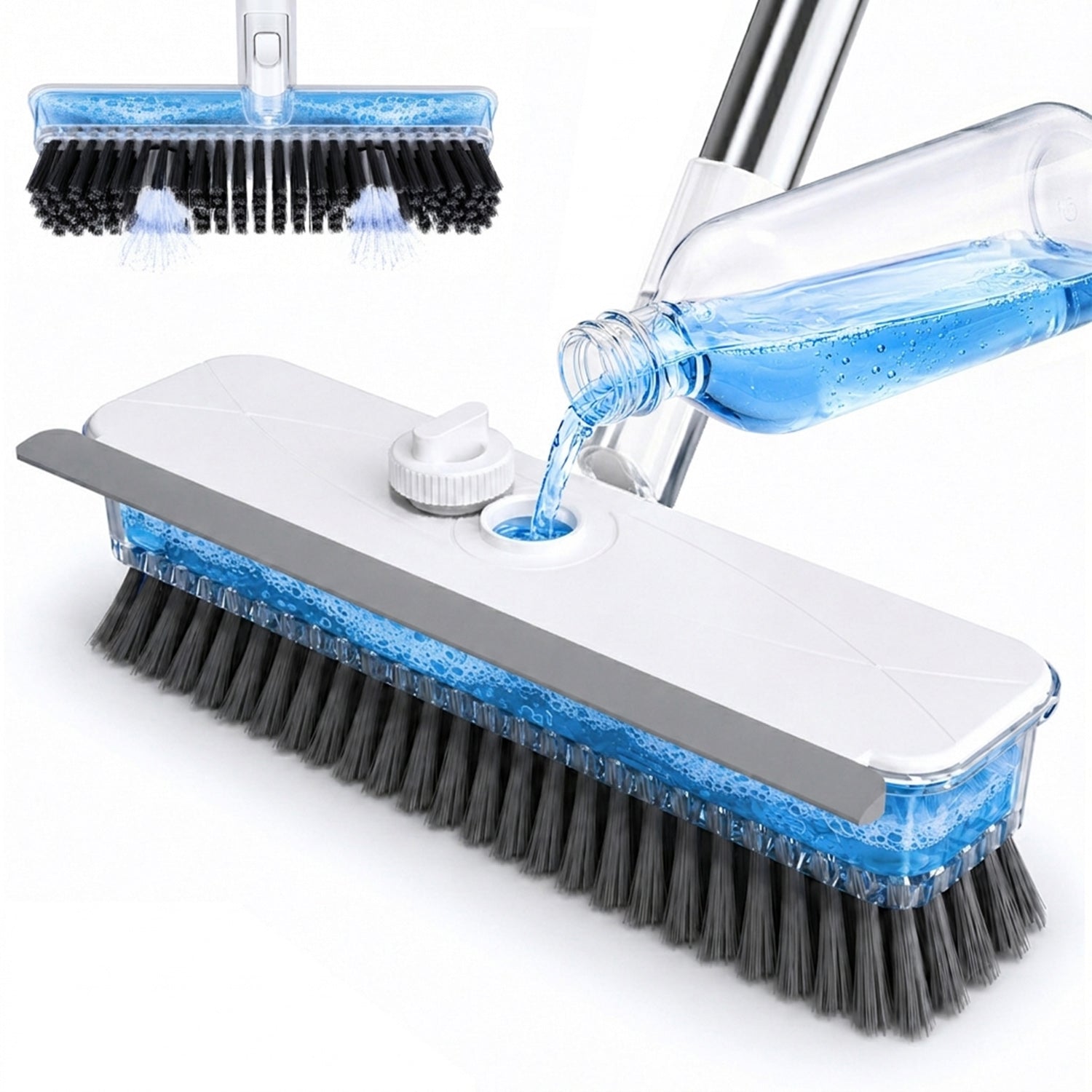 DSV 3-in-1 Floor Scrub Brush with Liquid Dispenser, Long Handle Cleaning Brush 57.5'' with Built-In 248 mL Reservoir, Rubber Squeegee & Stiff Bristles for Tile, Bathroom, Kitchen & Patio