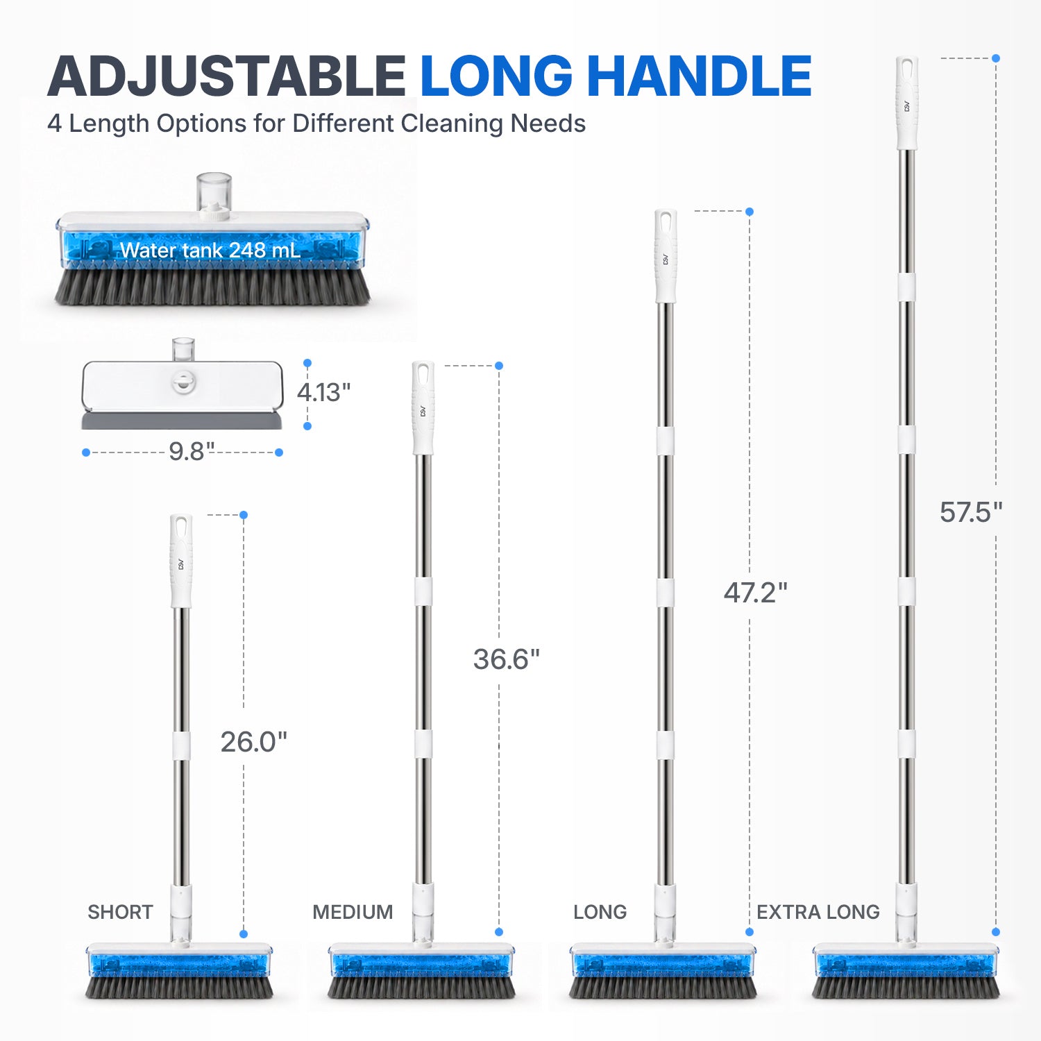DSV 3-in-1 Floor Scrub Brush with Liquid Dispenser, Long Handle Cleaning Brush 57.5'' with Built-In 248 mL Reservoir, Rubber Squeegee & Stiff Bristles for Tile, Bathroom, Kitchen & Patio