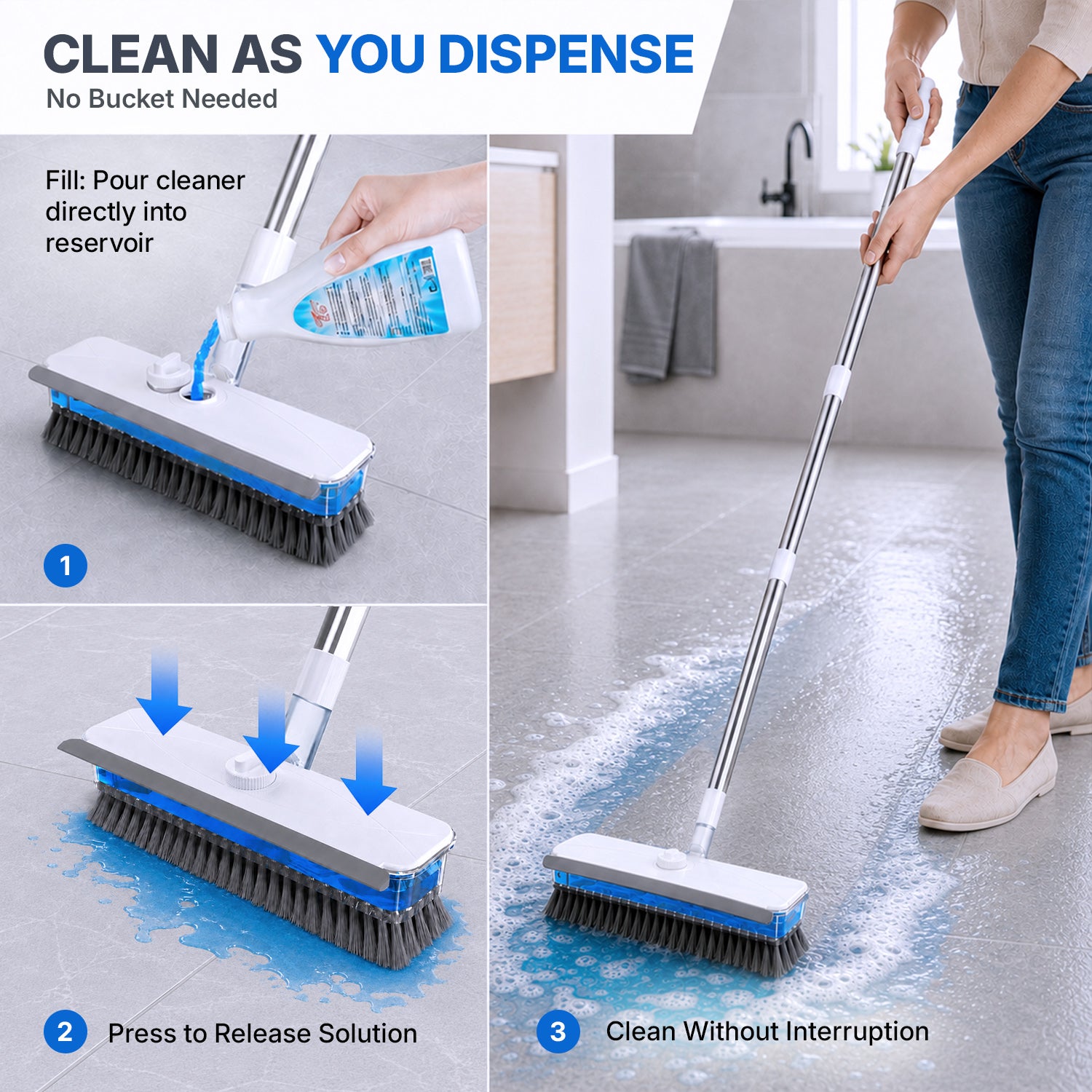 DSV 3-in-1 Floor Scrub Brush with Liquid Dispenser, Long Handle Cleaning Brush 57.5'' with Built-In 248 mL Reservoir, Rubber Squeegee & Stiff Bristles for Tile, Bathroom, Kitchen & Patio